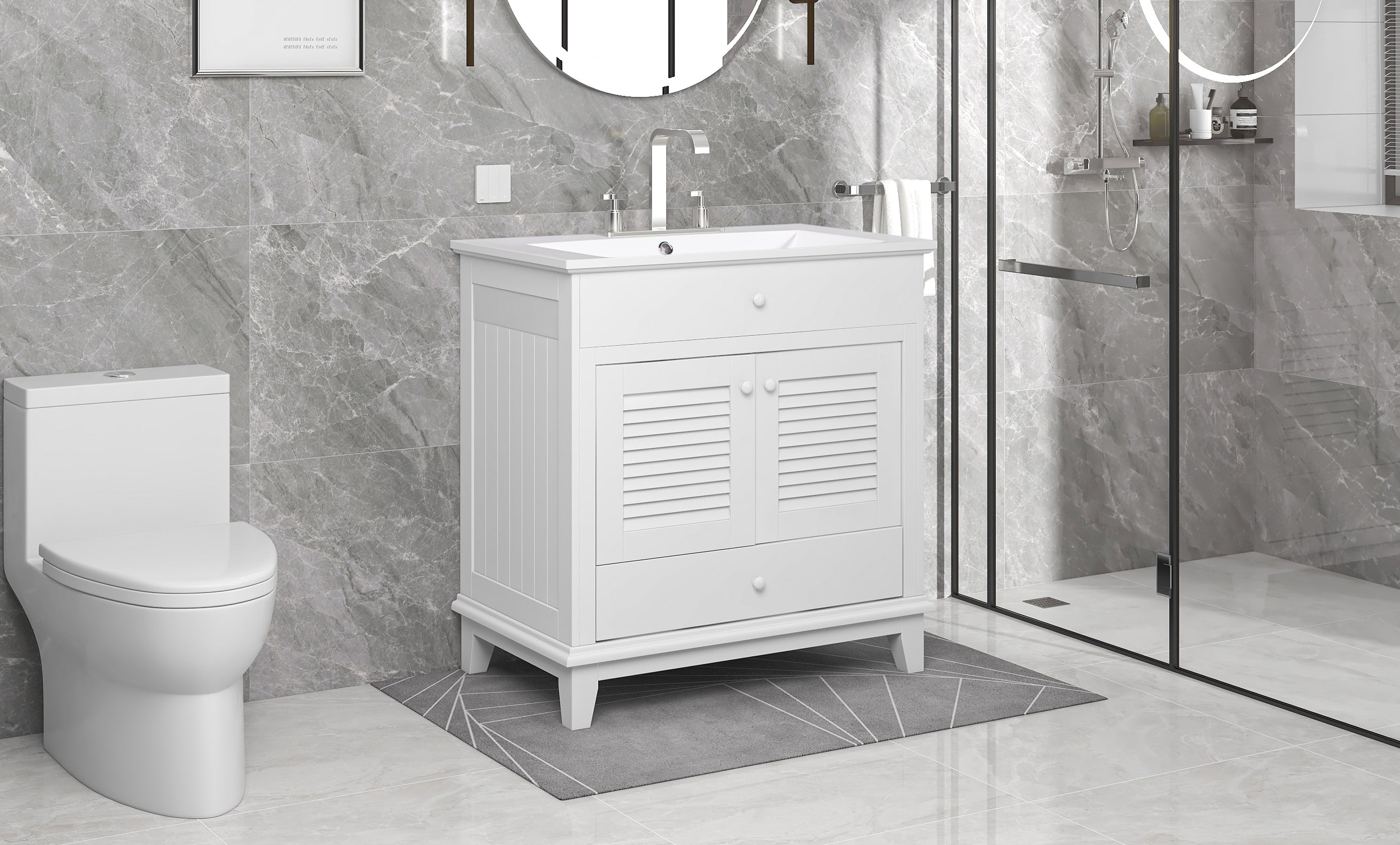 30" Bathroom Vanity with Sink, Bathroom Cabinet with Two Doors and One Drawer, White (OLD SKU: JL000005AAK)