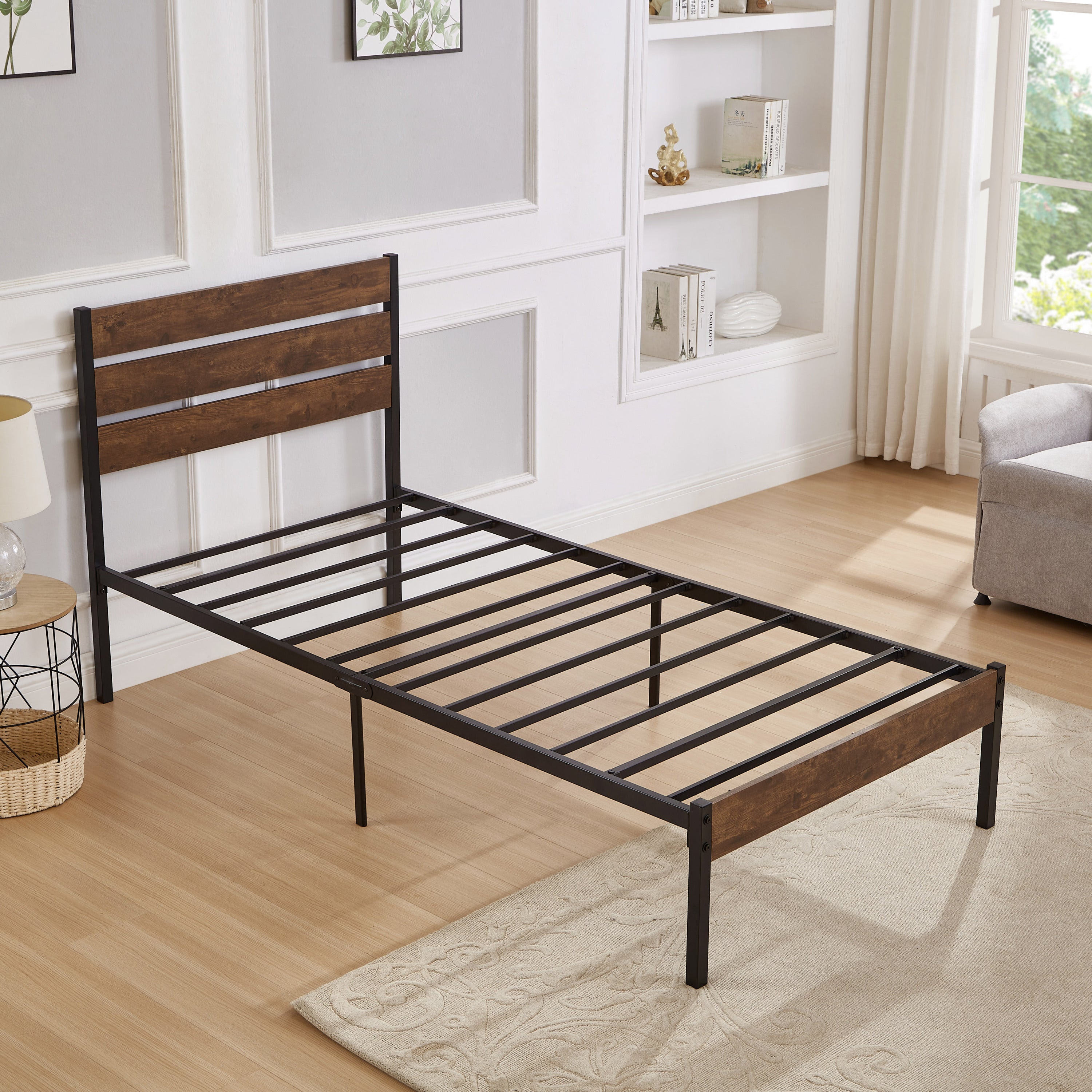 Twin Size Bed Frame with Wood Headboard, Metal Frame with Strong Slats, Noise Free,No Box Spring Needed-Brown