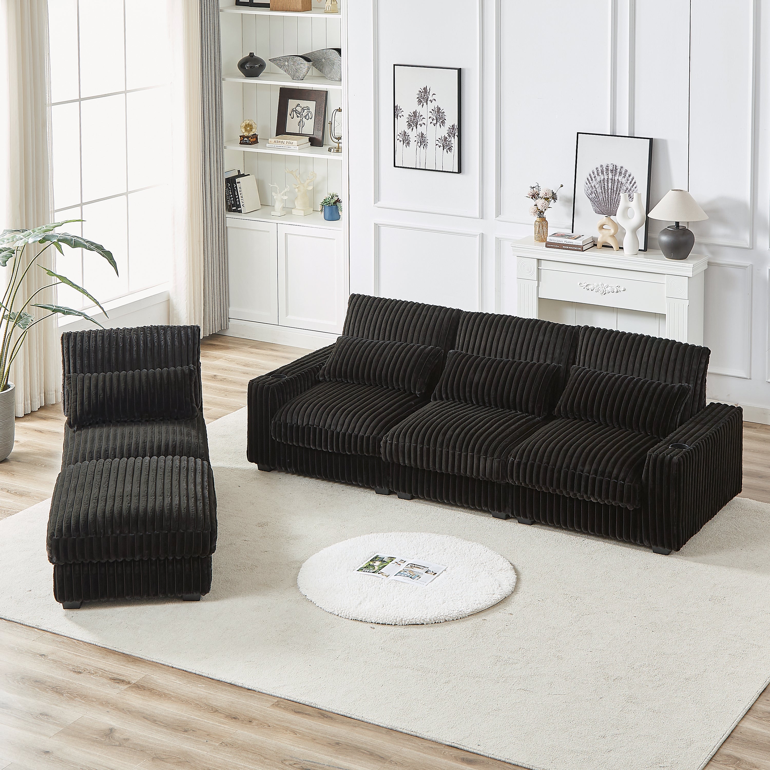 126-inch Corduroy With Cup Holder Super Large L-Shaped Sofa, Movable Footrest, Four Waist Pillows And Four Back Cushion, With USB Port And Type-C Port