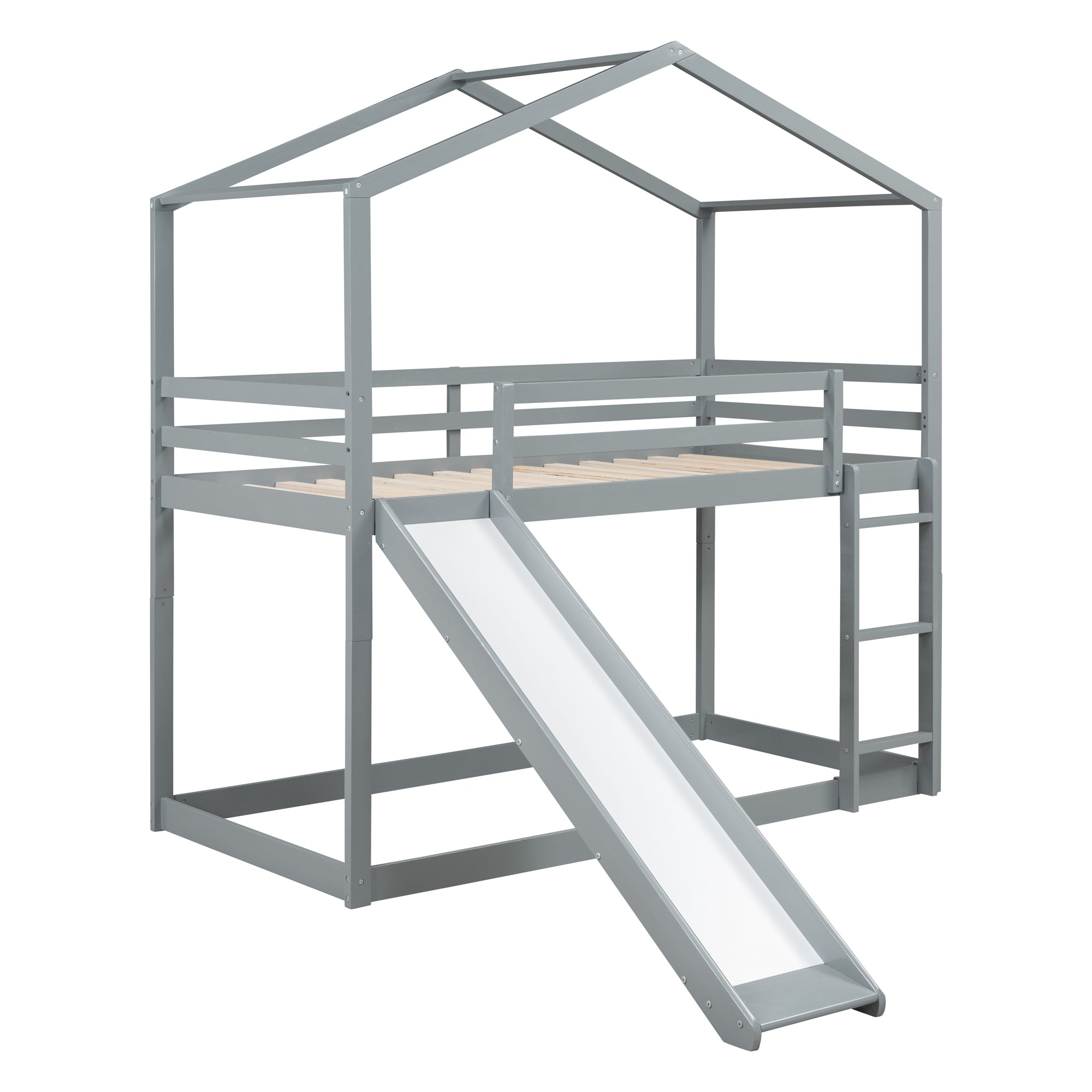 Twin Over Twin Bunk Bed with Roof, Slide and Ladder, Gray