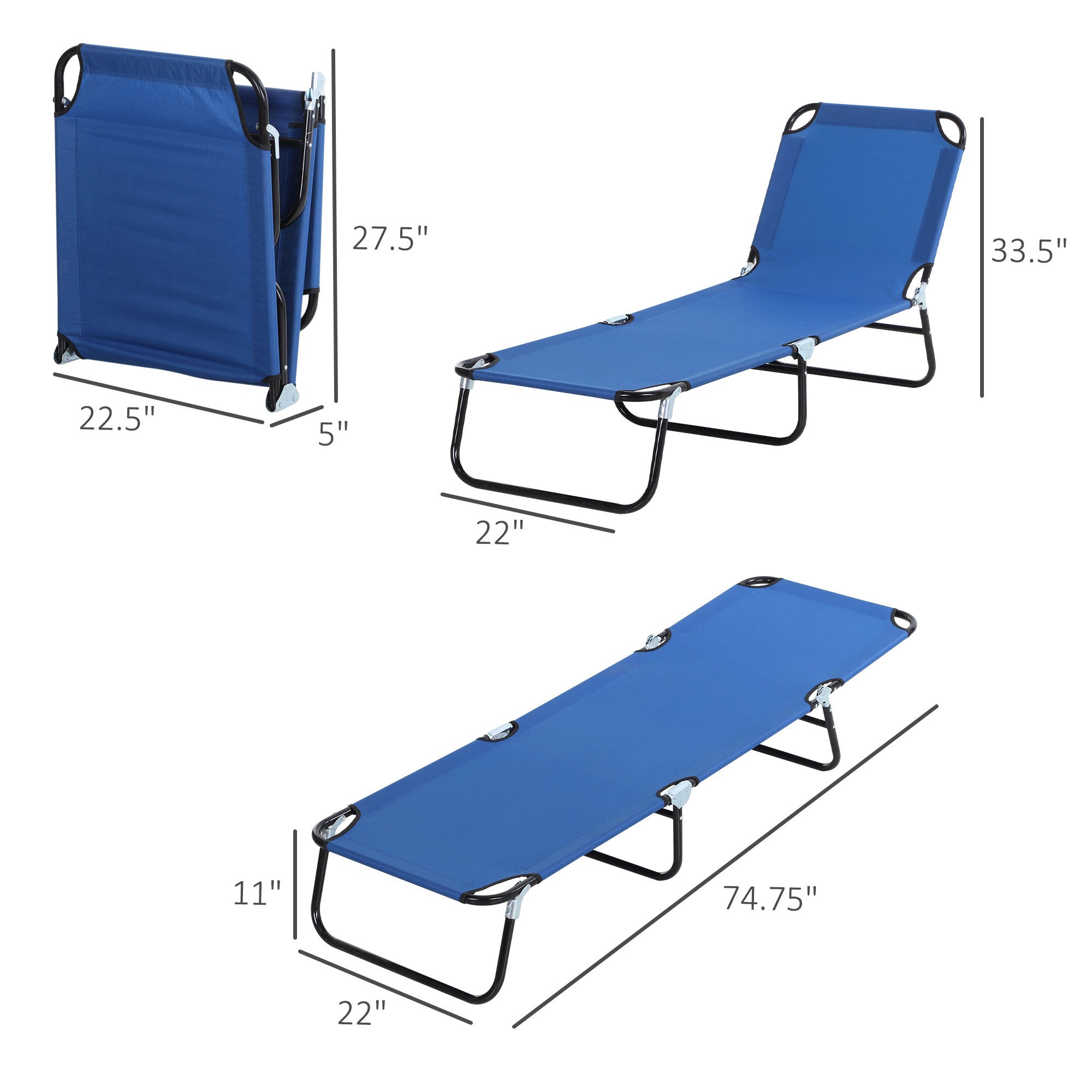 Folding Chaise Lounge Pool Chair, Patio Sun Tanning Chair, Outdoor Lounge Chair with 5-Positions Reclining Back, Oxford Fabric Seat for Beach, Yard, Patio, Blue