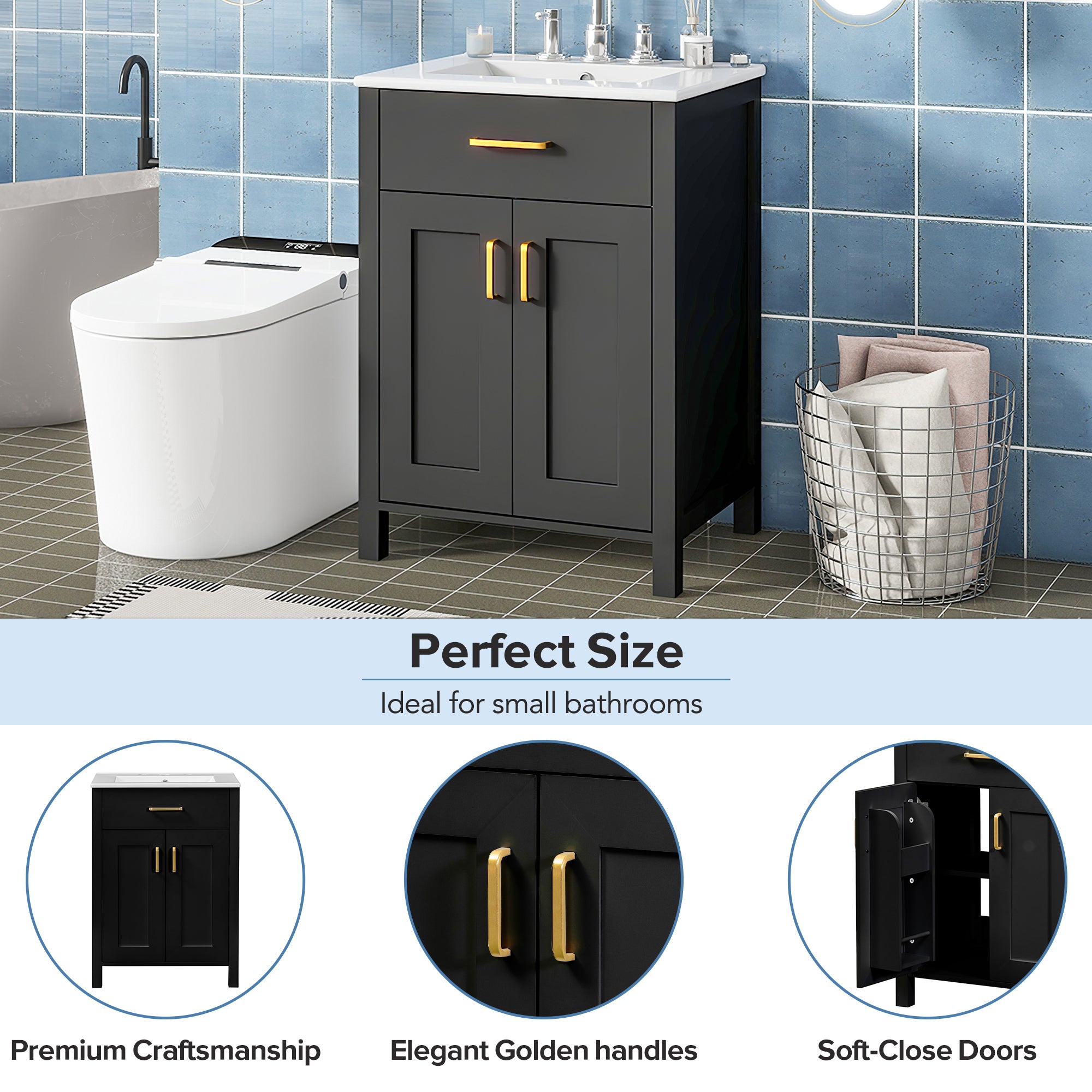 24"Bathroom Vanity Combo with Ceramic sink, Luxurious Space-Saving Vanity - W24"*D18"*H34"inch, 2 Soft Close Doors