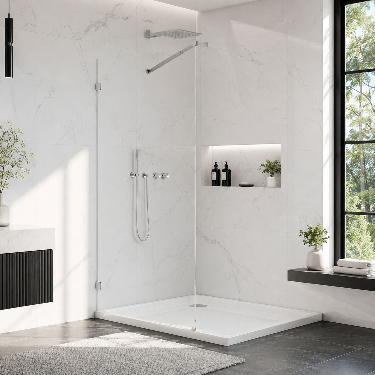 34 x 76 in Frameless Fixed Shower Glass Panel - Wall Clamp Chrome view 1
