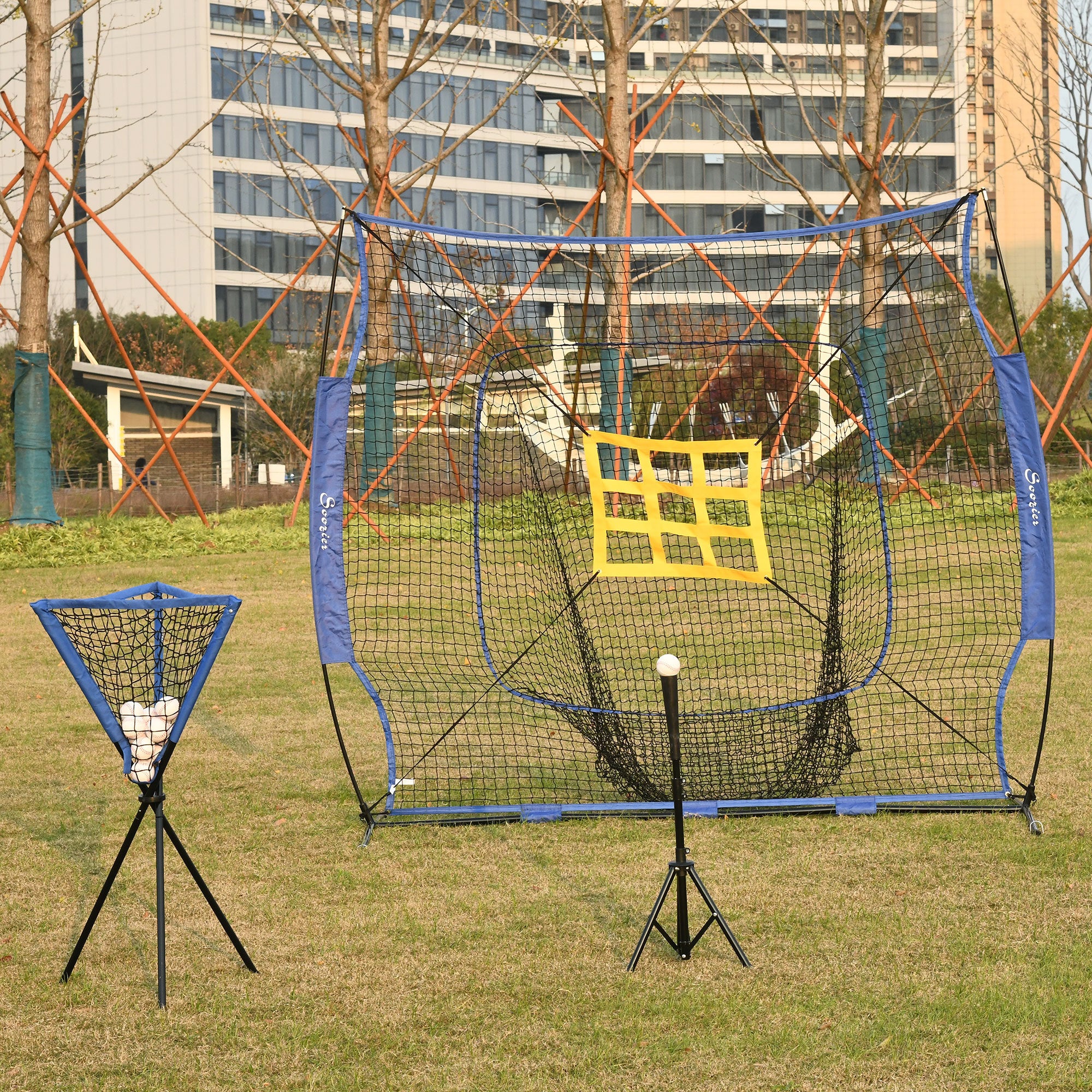 Soozier Baseball Practice Net Set with 7.5x7ft Catcher Net, Ball Caddy and Batting Tee, Portable Baseball Practice Equipment with Carry Bag for Hitting, Pitching, Batting, Catching, Blue