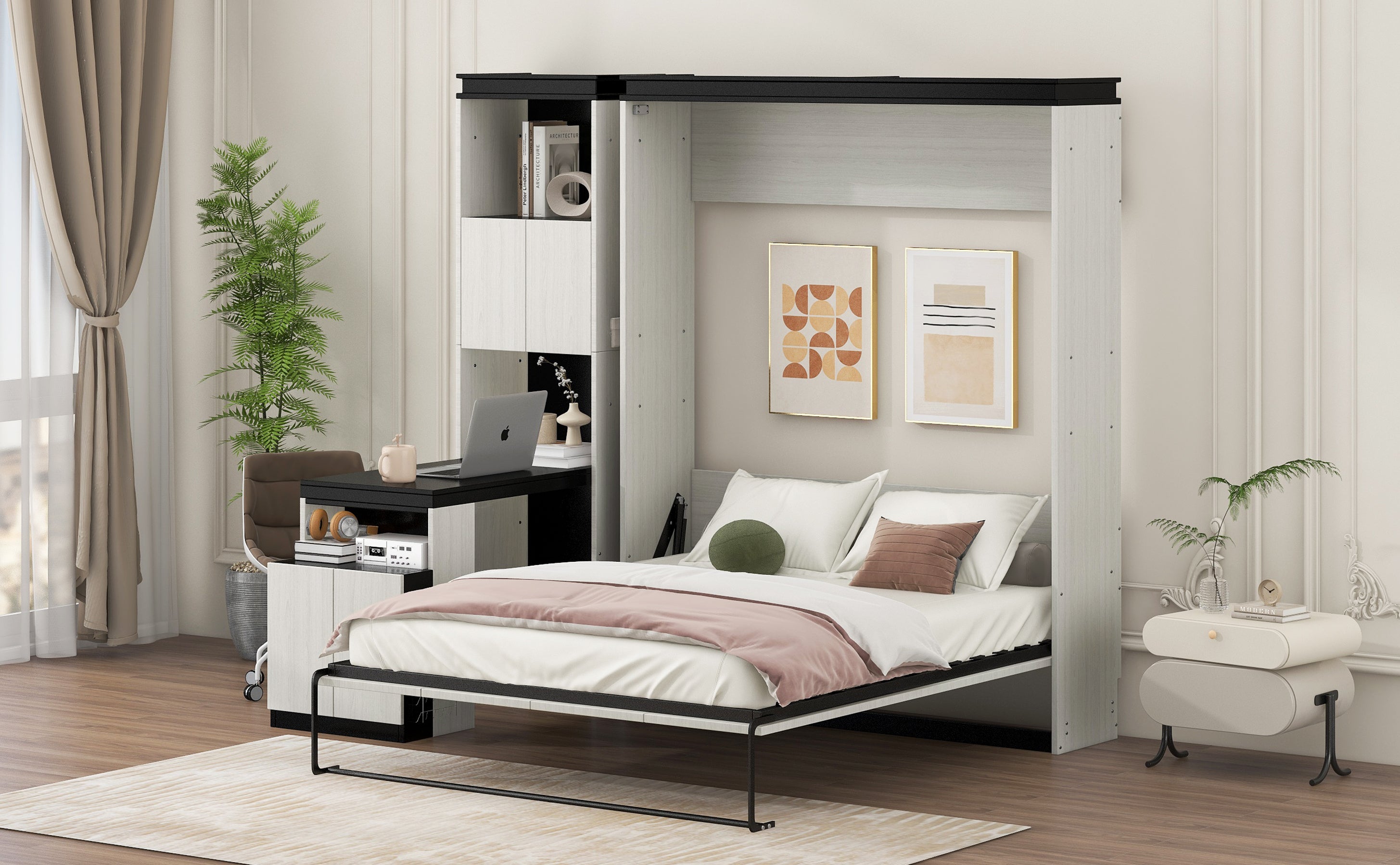 Full Size Murphy Bed with Desk and Storage Shelves and  Cabinets, Black+White