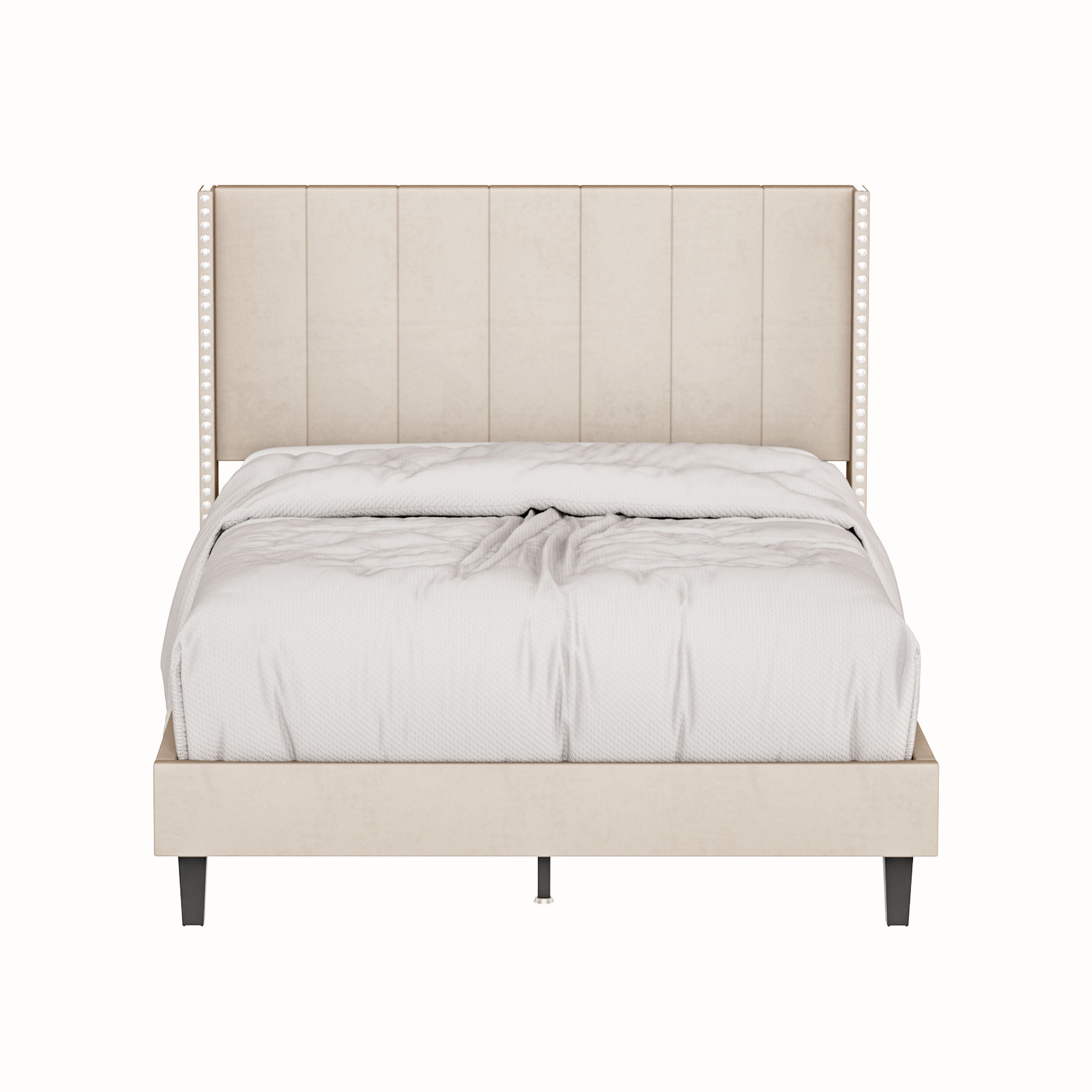 Velvet Upholstered Bed Frame with Vertical Channel Tufted Headboard,Modern Decorative Nailheads, Full size Bed Frame Beige