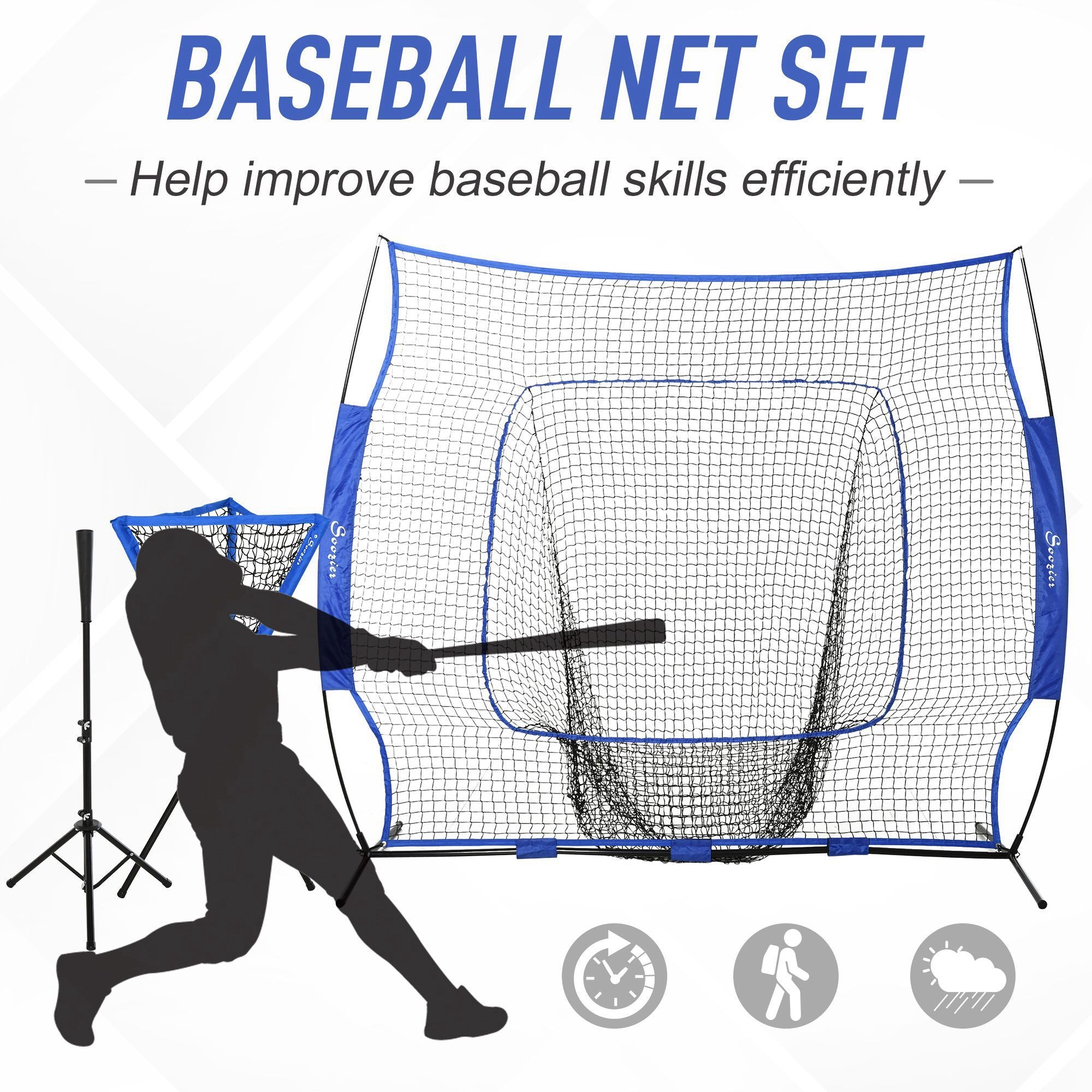 Soozier Baseball Practice Net Set with 7.5x7ft Catcher Net, Ball Caddy, Portable Baseball Practice Equipment with for Hitting, Pitching, Batting, Catching, Blue