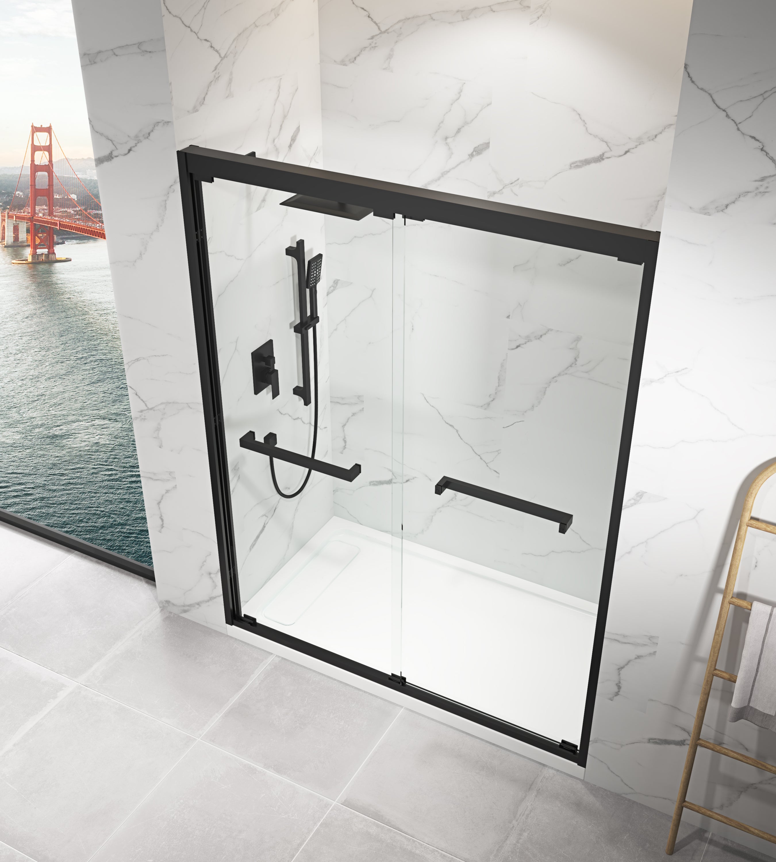 60"W x 76"H Sliding Framed Shower Door in Black Finish with Clear Glass