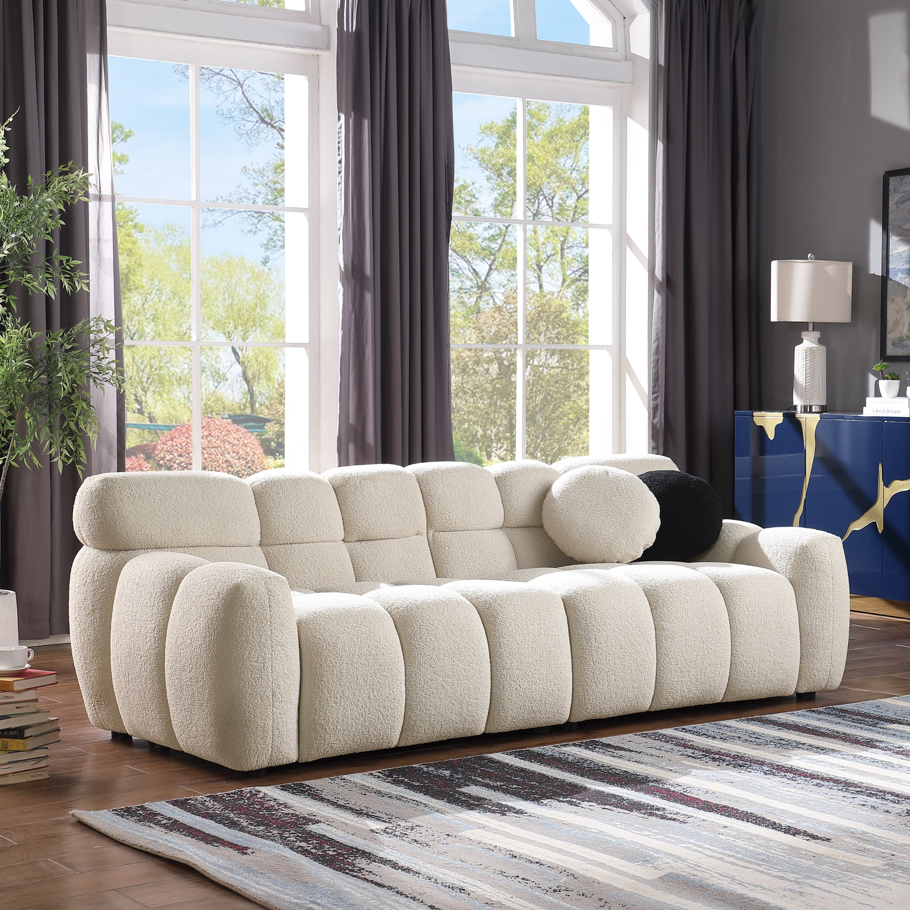 87.4 length ,35.83" deepth ,human body structure for USA people,  marshmallow sofa,boucle sofa ,3 seater, BEIGE  BOUCLE