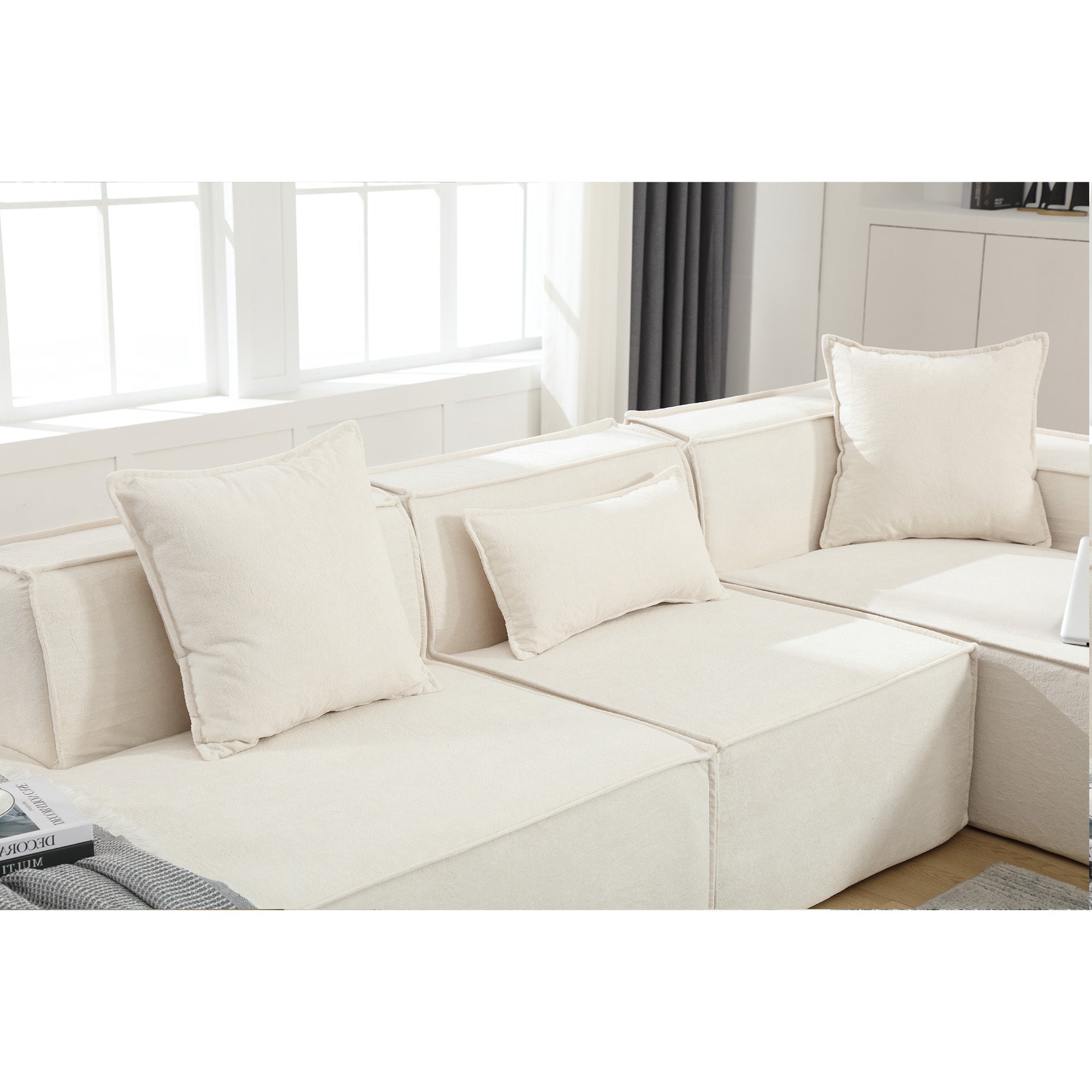 [VIDEO PROVIDED] Modular combination living room sofa set, modern minimalist sofa, free installation sofa, L-shaped, Italian minimalist tofu block sofa, Right-Hand Facing,Terrycloth fabric ,Beige