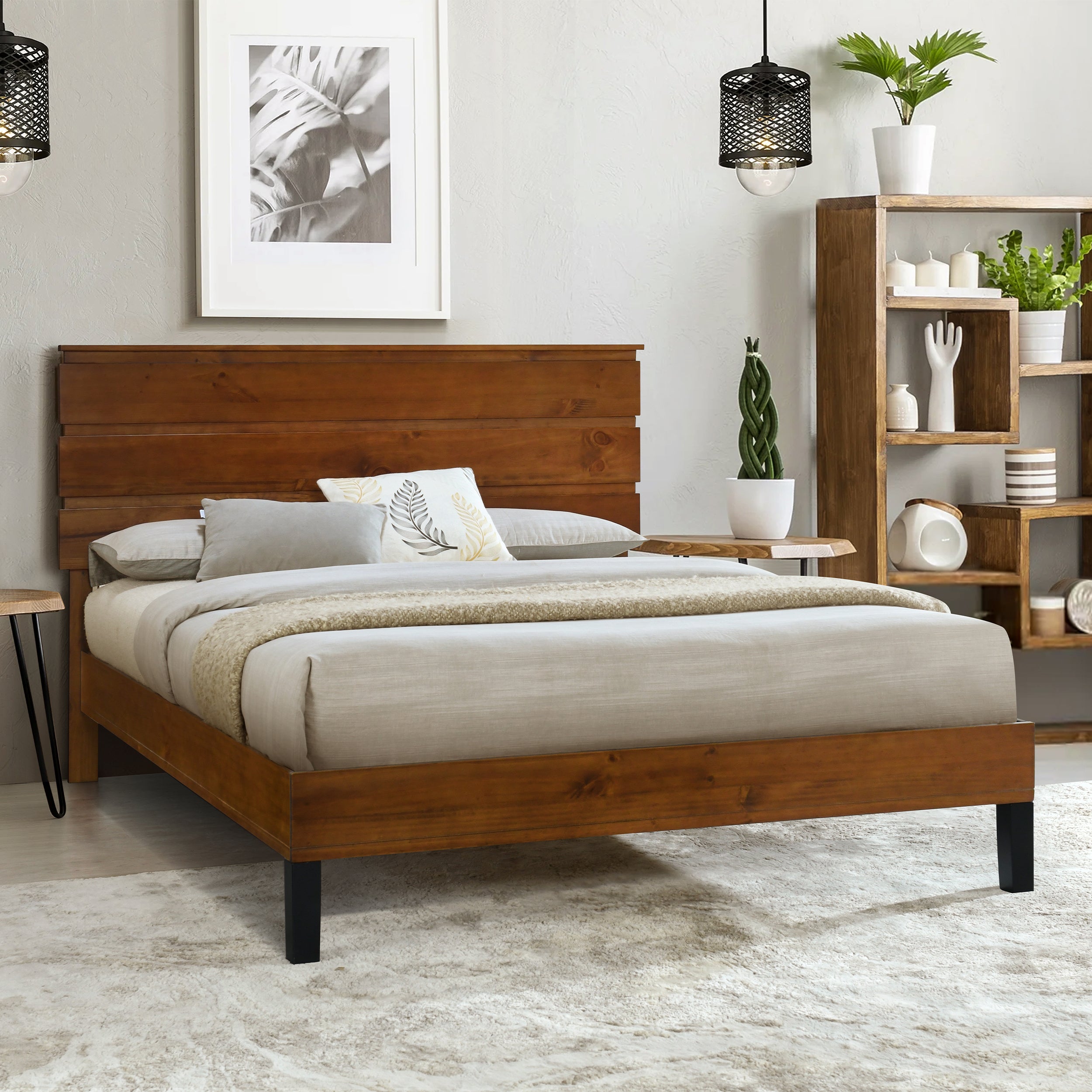 Mid-Century Modern Solid Wood Bed Frame Full Size Platform Bed with Three-Piece Headboard Design, No Box Spring Needed, Brown