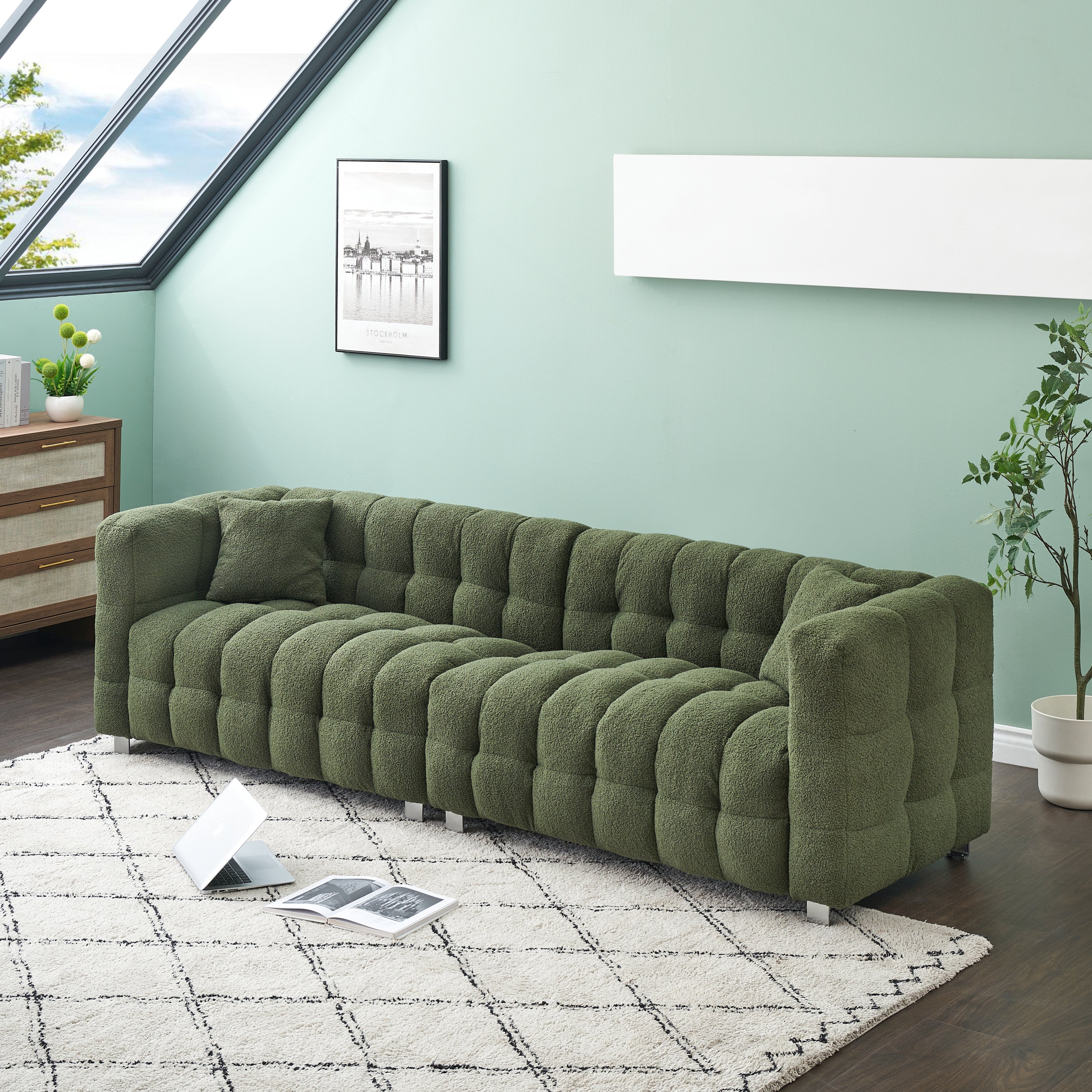 Luxurious 102-Inch Green Teddy Fleece Sofa for Living Room, Bedroom, or Apartment - Includes Two Throw Pillows & Reinforced with Heavy-Duty Hardware Feet