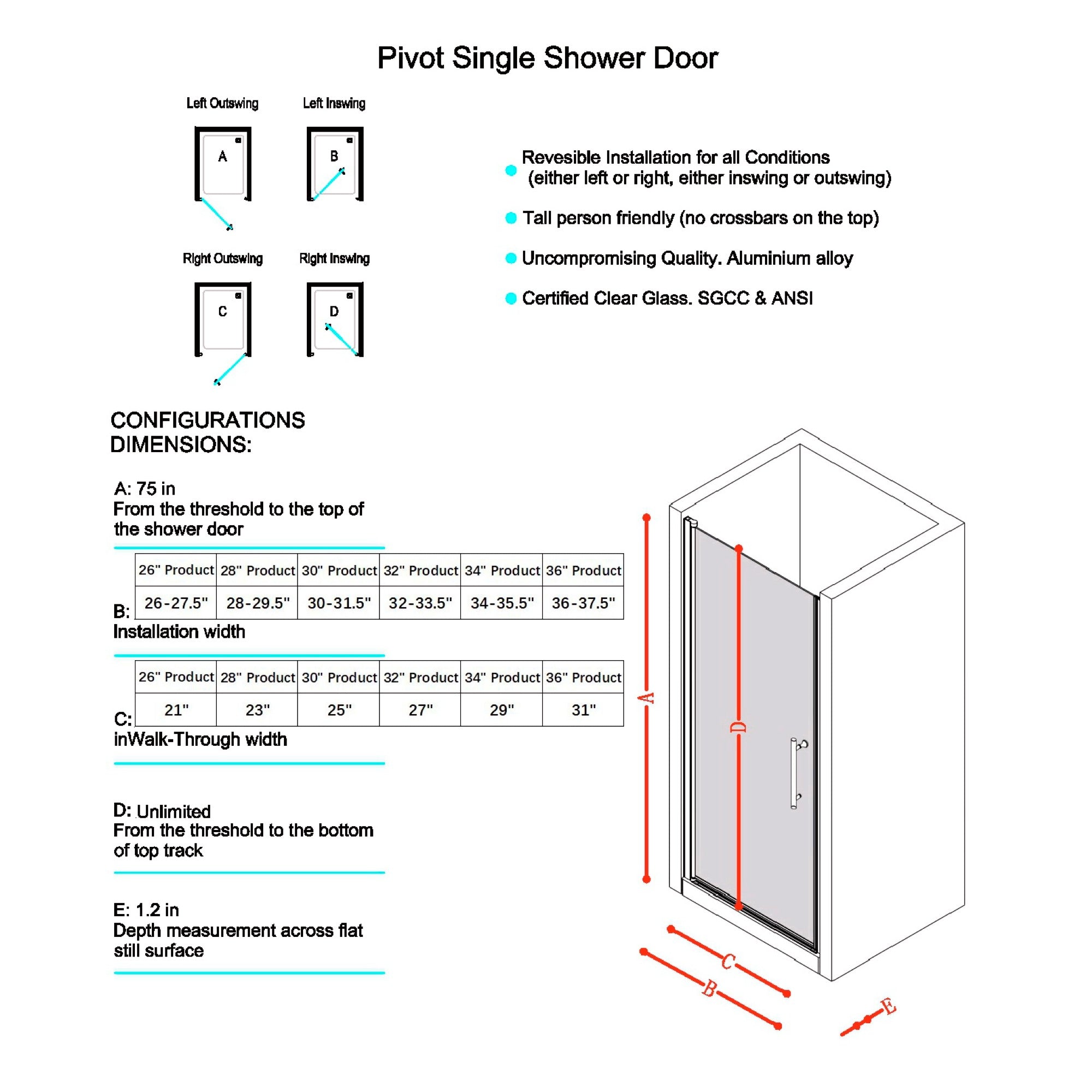 30-35.5 x 75 in matte black pivot shower door hardware view