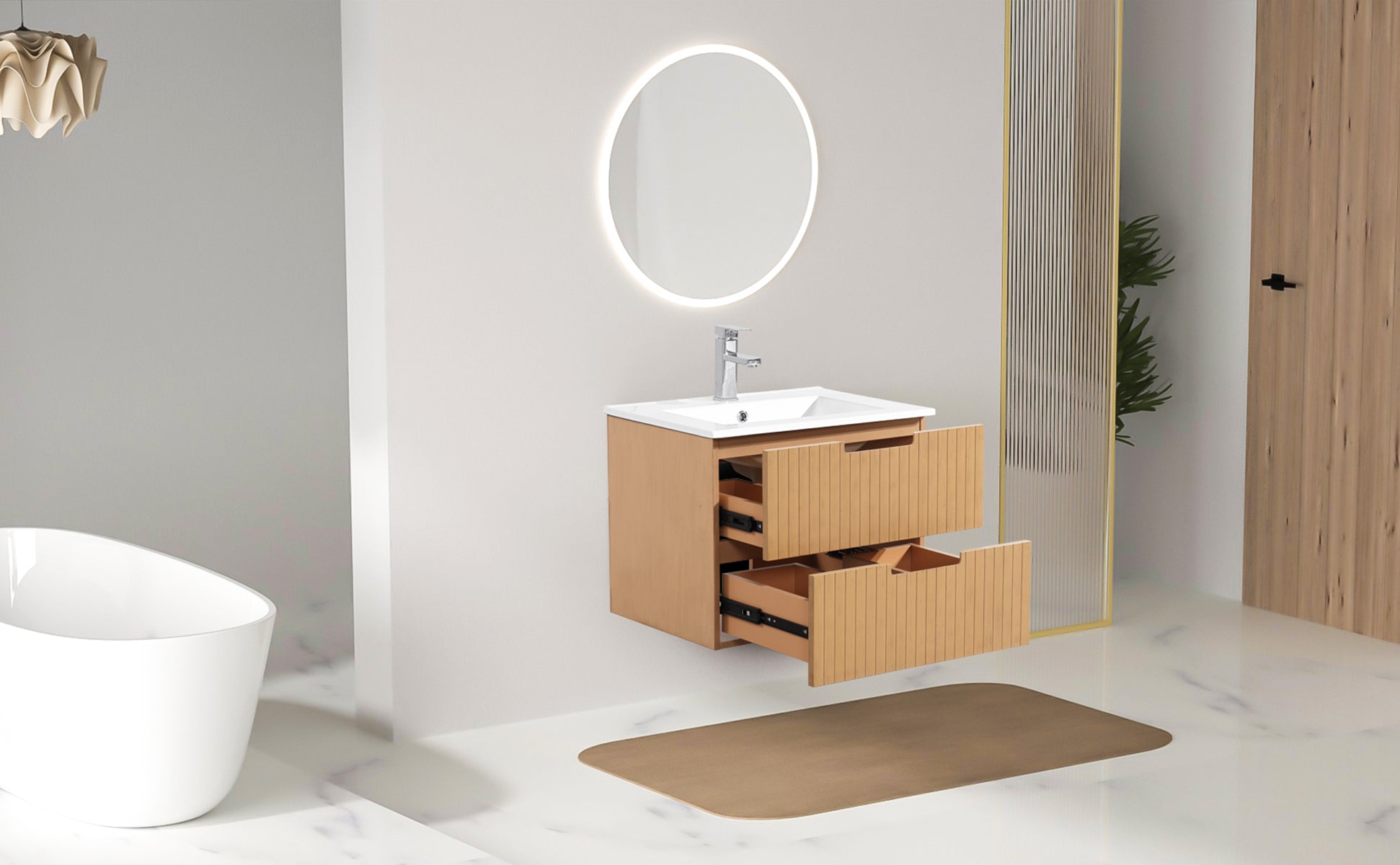 24 Inch Floating Bathroom Vanity with Ceramic Sink, Modern Bath Storage Cabinet Vanity with Drawers Wall Mounted Combo Set for Bathroom, Light Brown