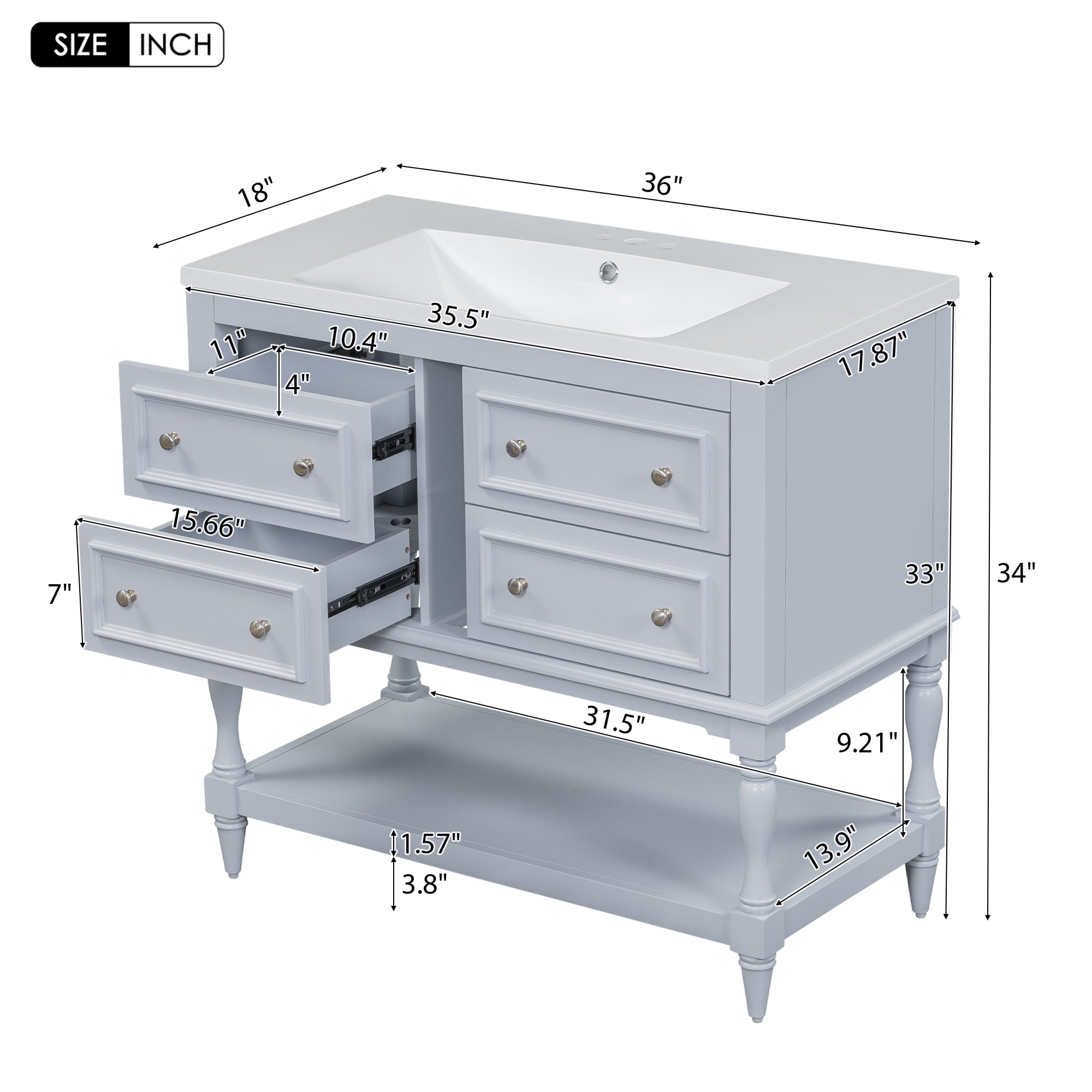 36" Bathroom Vanity Cabinet with Sink Combo Set, Undermount Resin Sink, Free Standing Vanity Set with 4 Drawers, Solid Wood Frame Bathroom Cabinet, Blue