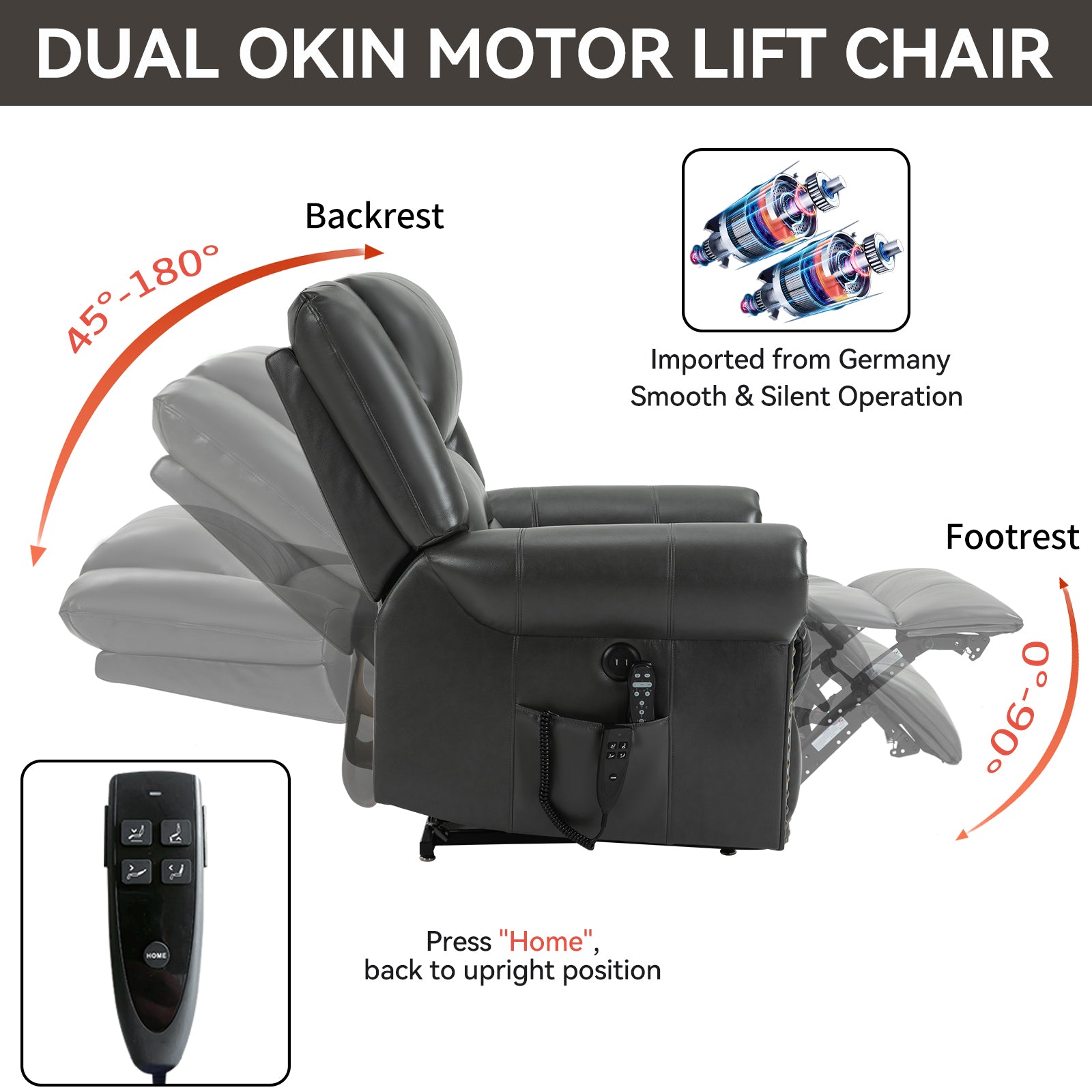 Power Lift Recliner Chair Heat Massage Dual Motor Infinite Position Up to 350 LBS, Faux Leather, Heavy Duty Motion Mechanism with USB Ports, Grey