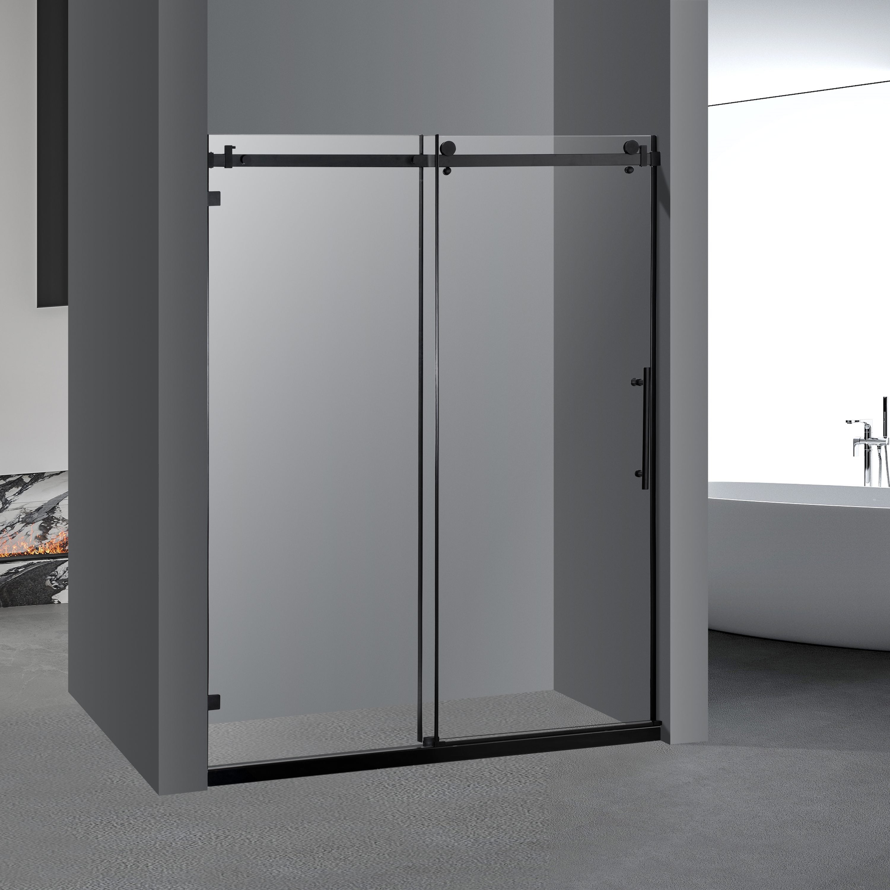 Frameless Sliding Glass Shower Doors 60"W x 76"H with 3/8"(10mm) Clear Tempered Glass, Matt Black Finish