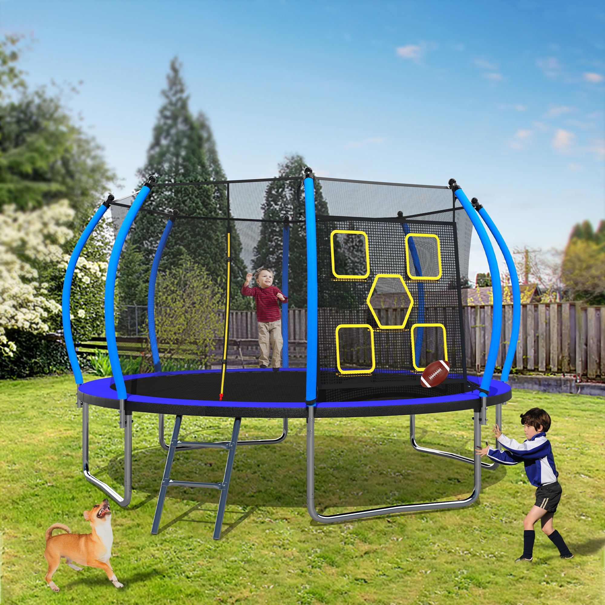 14FT Trampoline with Enclosure - Recreational Trampolines with Ladder, ASTM Approval Outdoor Trampoline for Kids