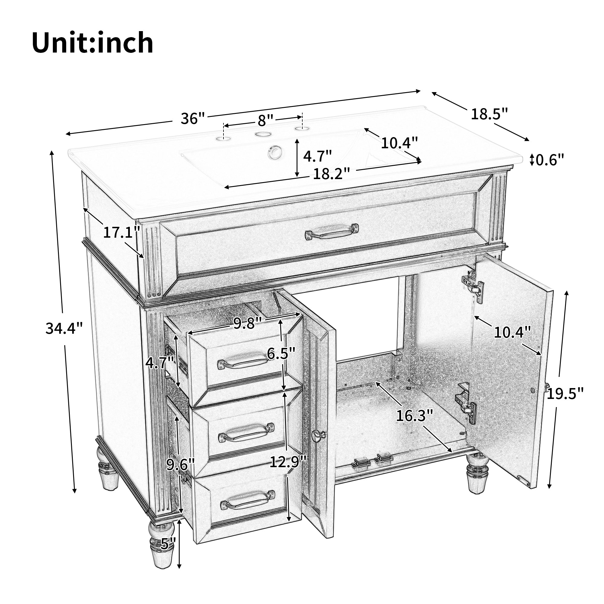 36" Bathroom Vanity with Sink, Black Bathroom Cabinet with Drawers, Solid Frame and MDF Board, One Package