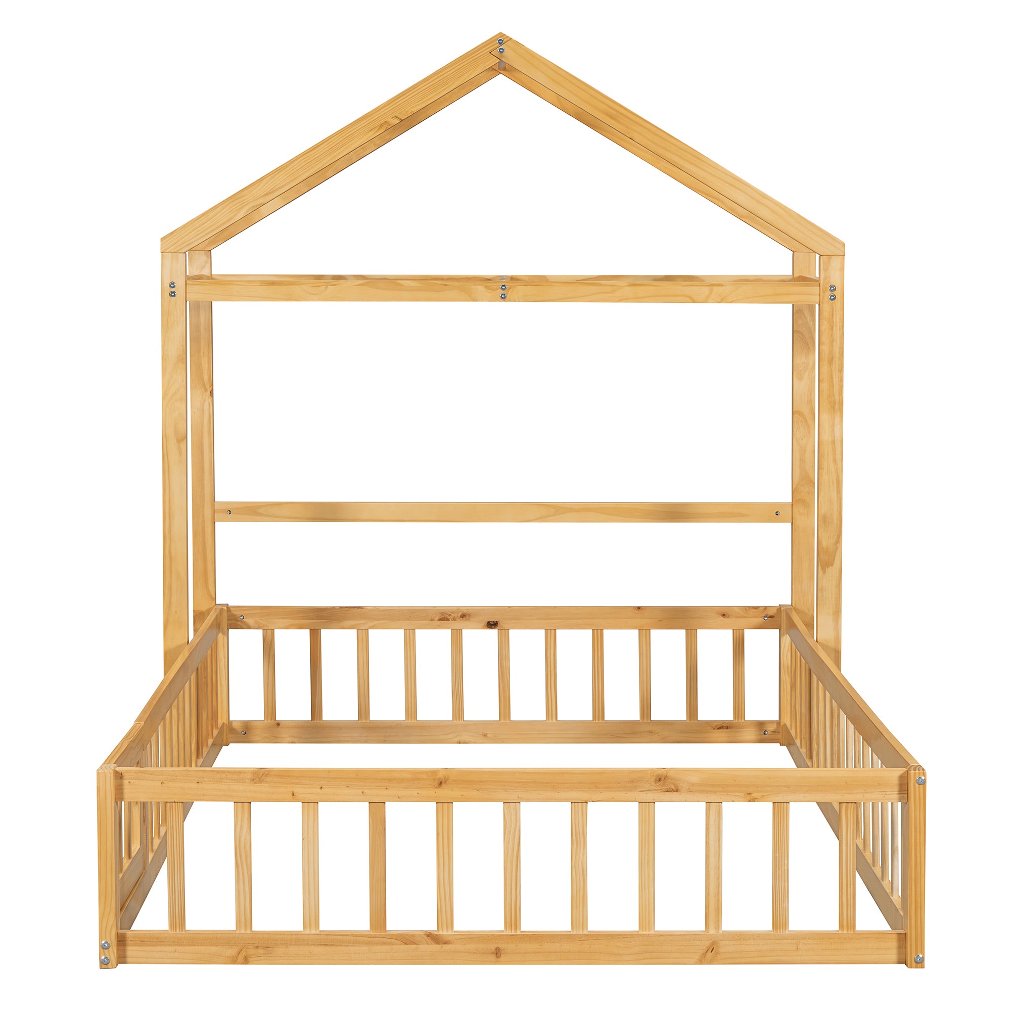 Wooden Floor Bed with Fence Railings and Detachable House Shape Headboard,Full Size Bed with Kids Dress Up Rack, Kids Montessori Style Playhouse Frame for Girls Boys, Natural