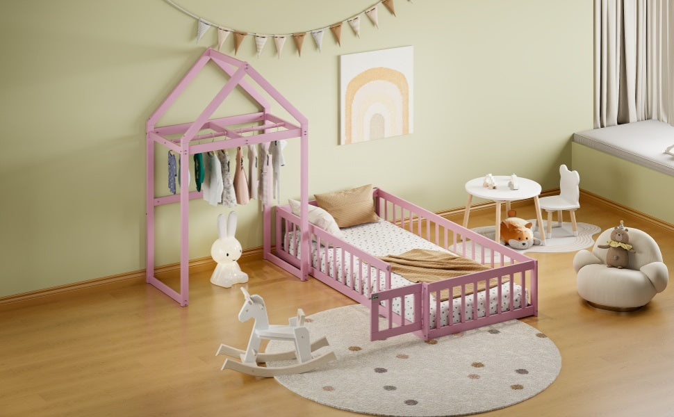 Wooden Floor Bed with Fence Railings and Detachable House Shape Headboard, Twin Size Bed with Kids Dress Up Rack, Kids Montessori Style Playhouse Frame for Girls Boys, Pink