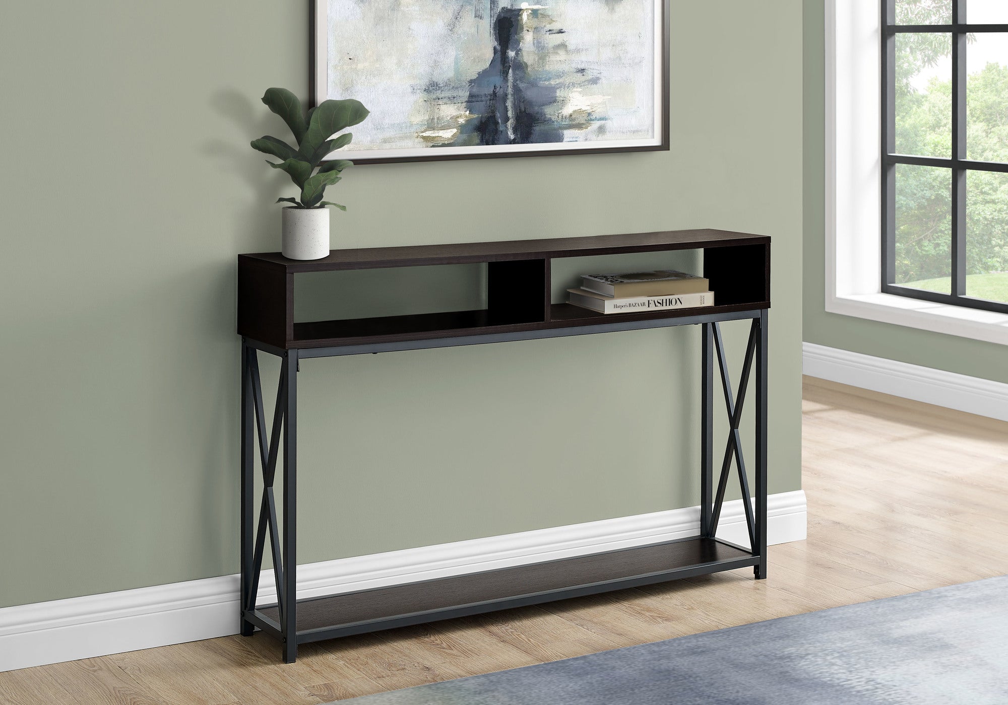 Accent Table, Console, Entryway, Narrow, Sofa, Living Room, Bedroom, Brown Laminate, Black Metal, Contemporary, Modern