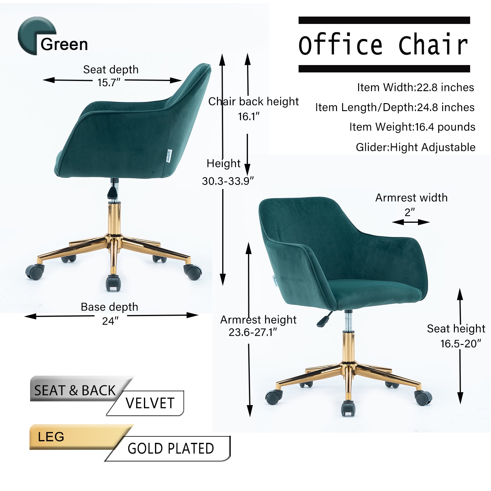 Modern Velvet Fabric Material Adjustable Height 360 revolving Home Office Chair with Gold Metal Legs and Universal Wheels for Indoor,Dark Green