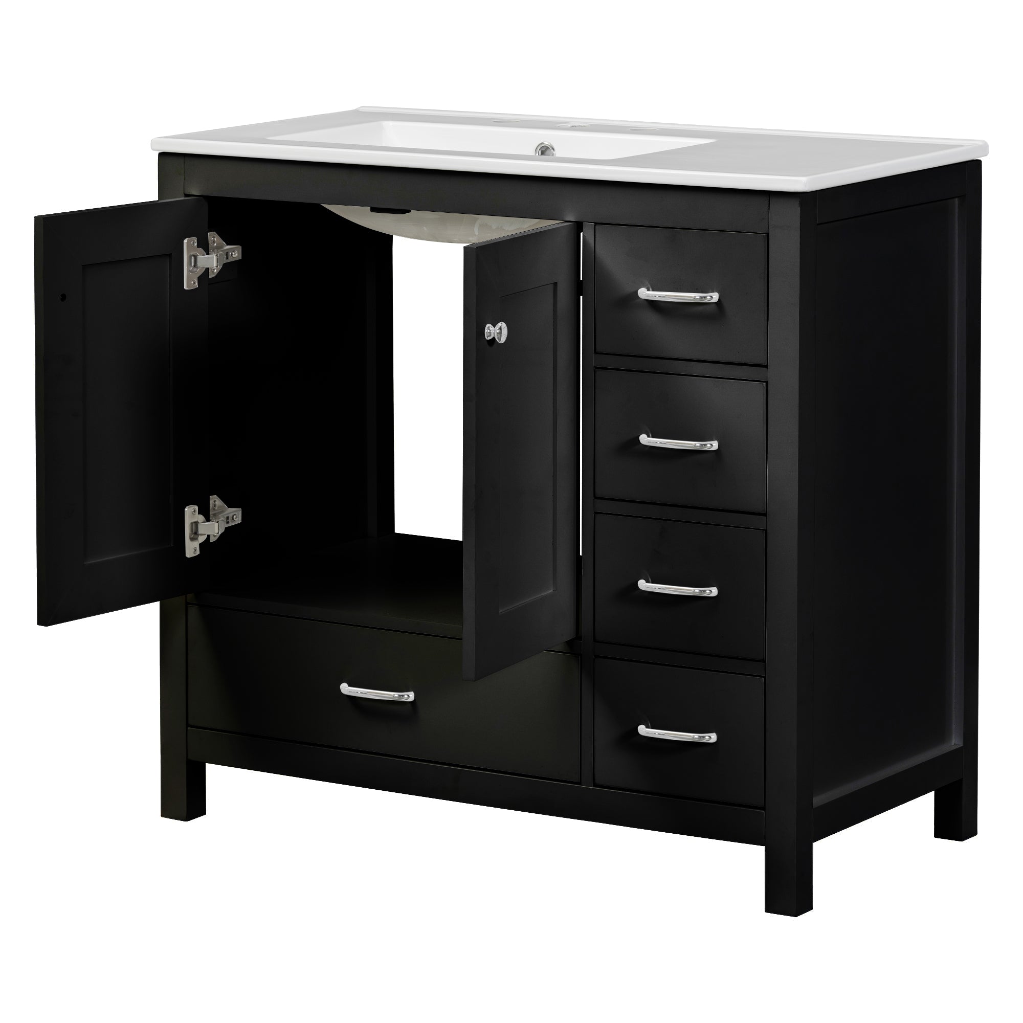 36" Black Bathroom Vanity with Ceramic Sink Combo, Abundant Storage Cabinet -2 Soft close doors and 5 drawers