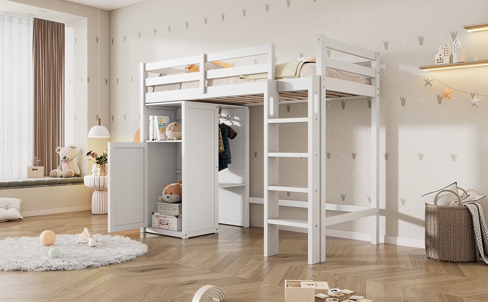 Twin Loft Bed with Wardrobe, Storage Shelves and Ladder, White