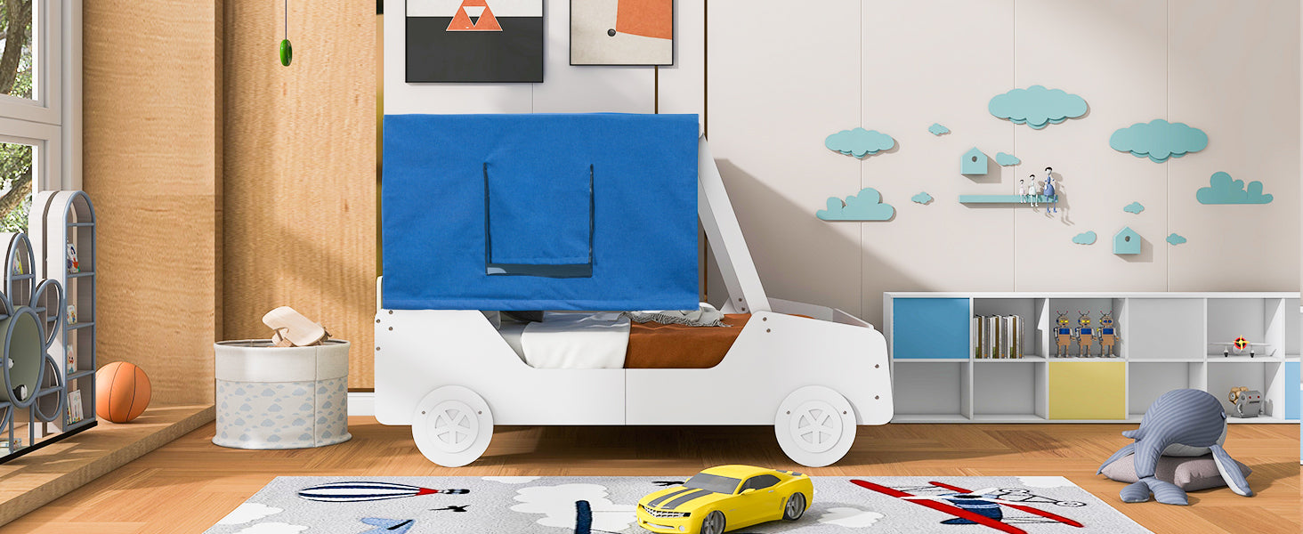 Full Size Car Shaped Bed with Tents,White