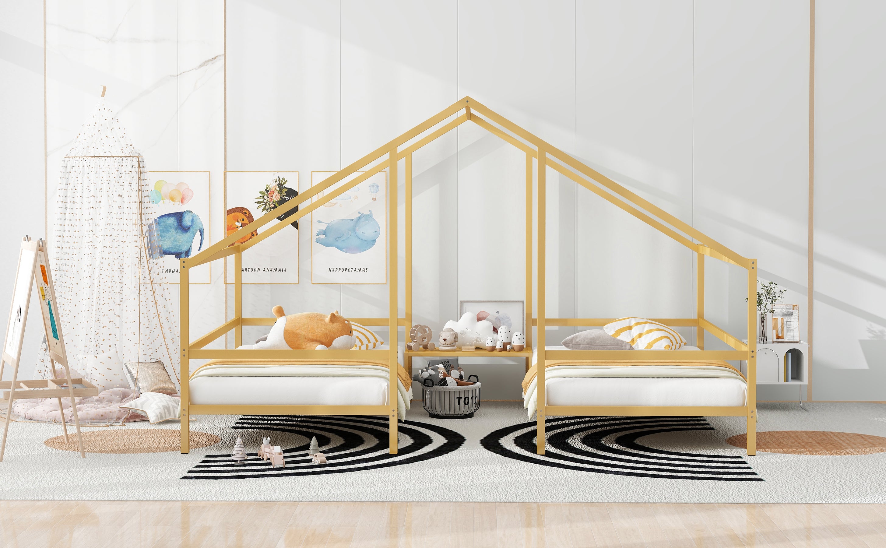 Metal Double Twin Size Triangular House Beds with Built-in Table, Gold