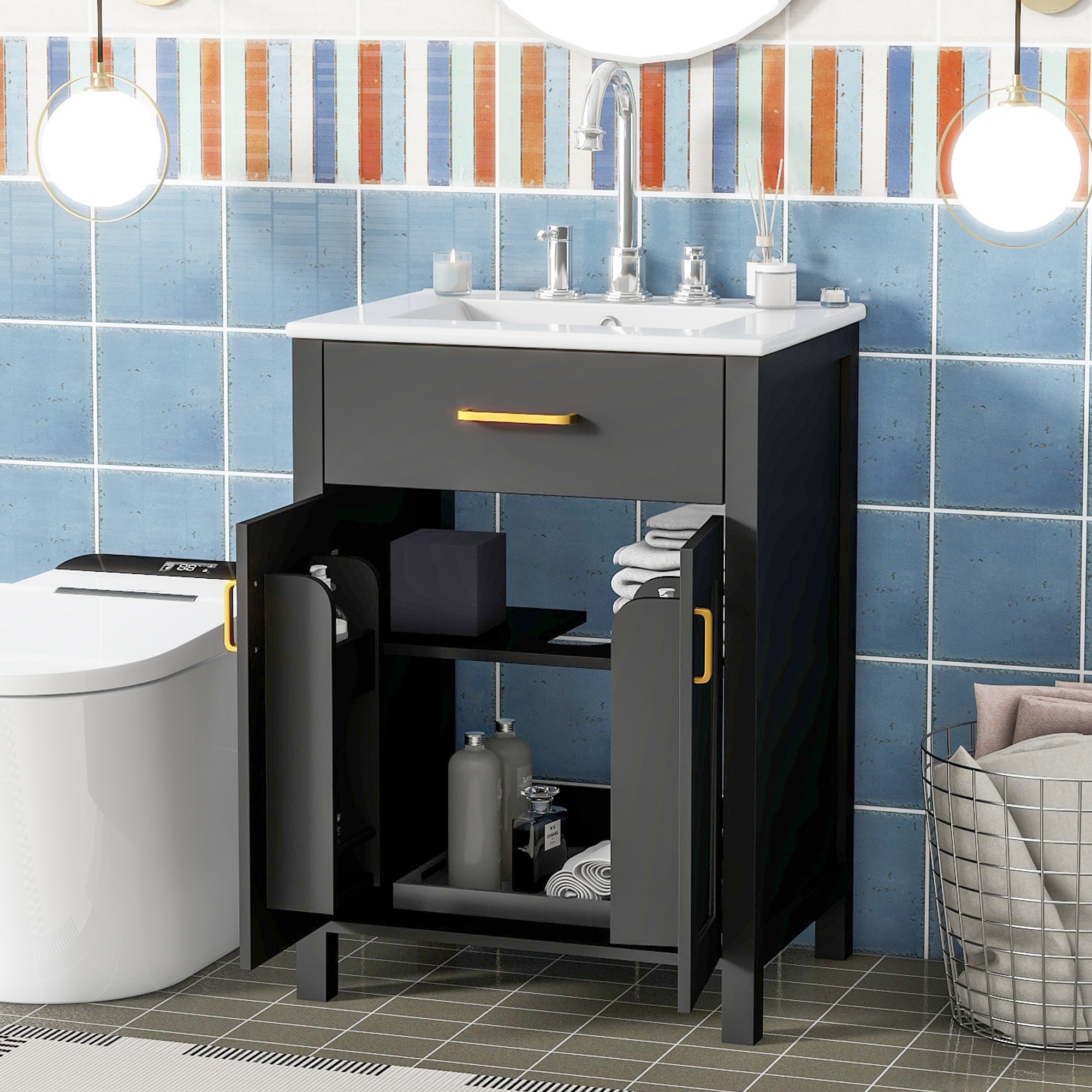 24"Bathroom Vanity Combo with Ceramic sink, Luxurious Space-Saving Vanity - W24"*D18"*H34"inch, 2 Soft Close Doors