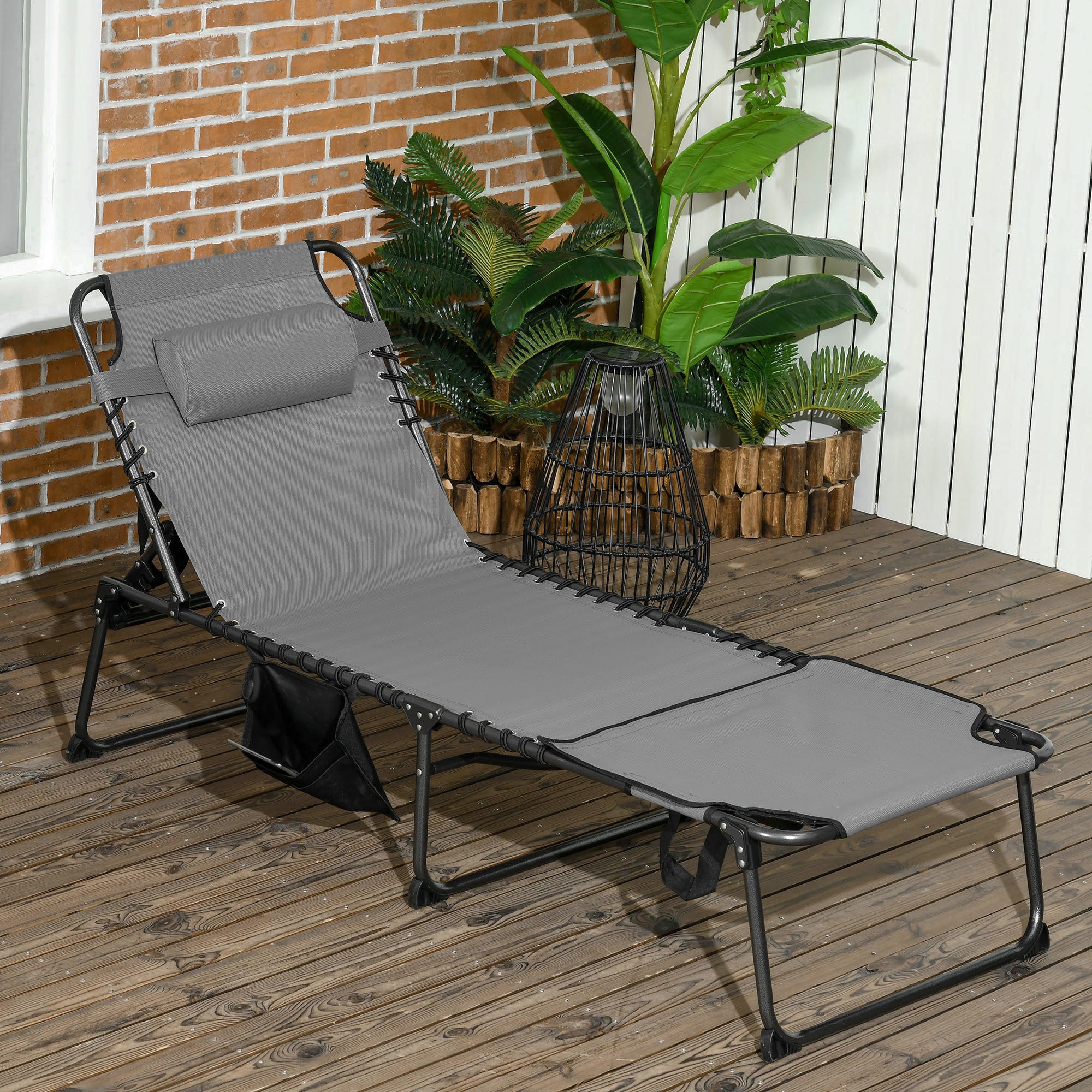 ,Outsunny Folding Chaise Lounge with 5-level Reclining Back, Outdoor Tanning Chair with Reading Face Hole, Outdoor Lounge Chair with Side Pocket & Headrest for Beach, Yard, Patio, Gray