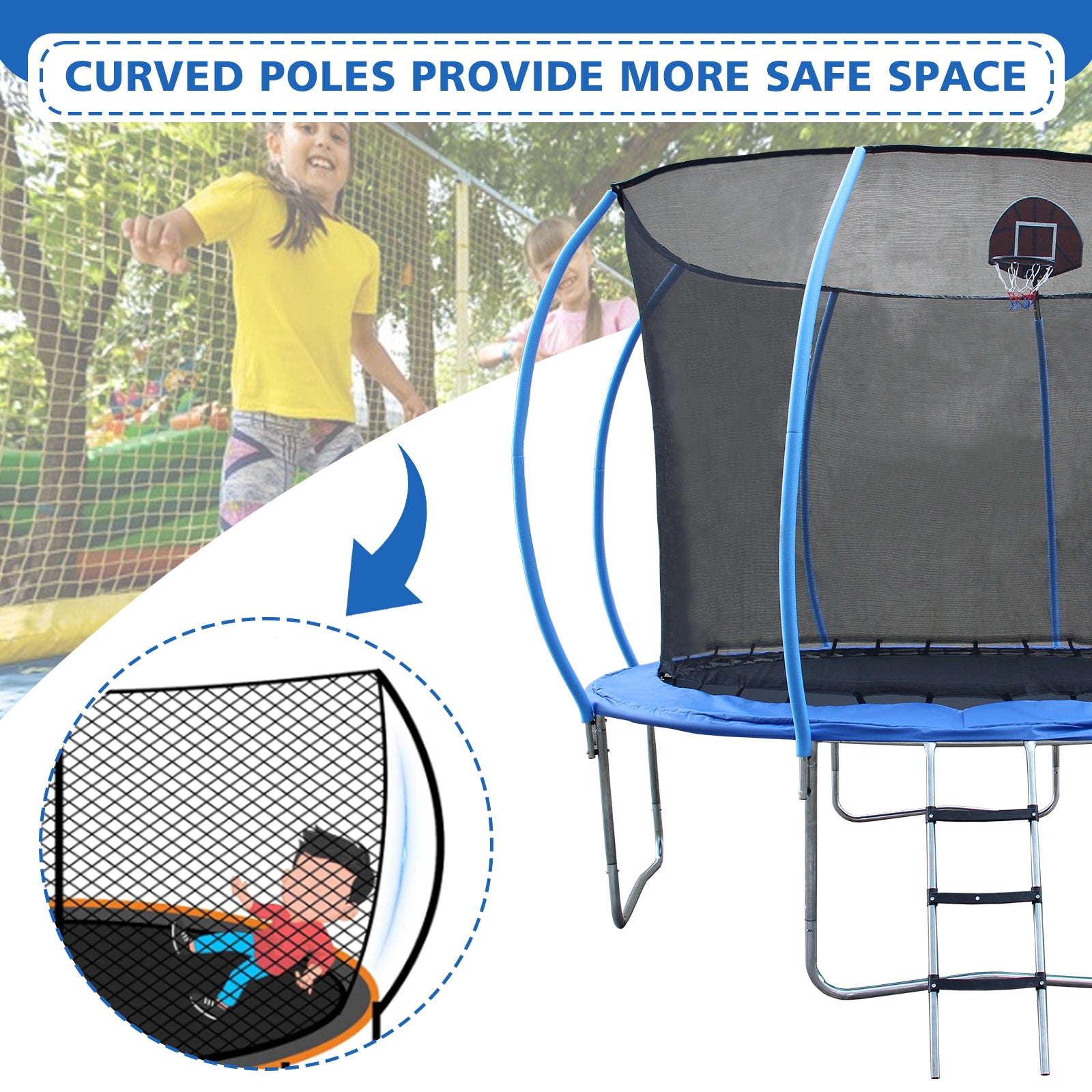 10FT Trampoline with Enclosure - Recreational Trampolines with Ladder and Anti Rust Coating, Pumpkin-shaped Trampoline with Slide and Basket Board, ASTM Approval Outdoor Trampoline for Kids