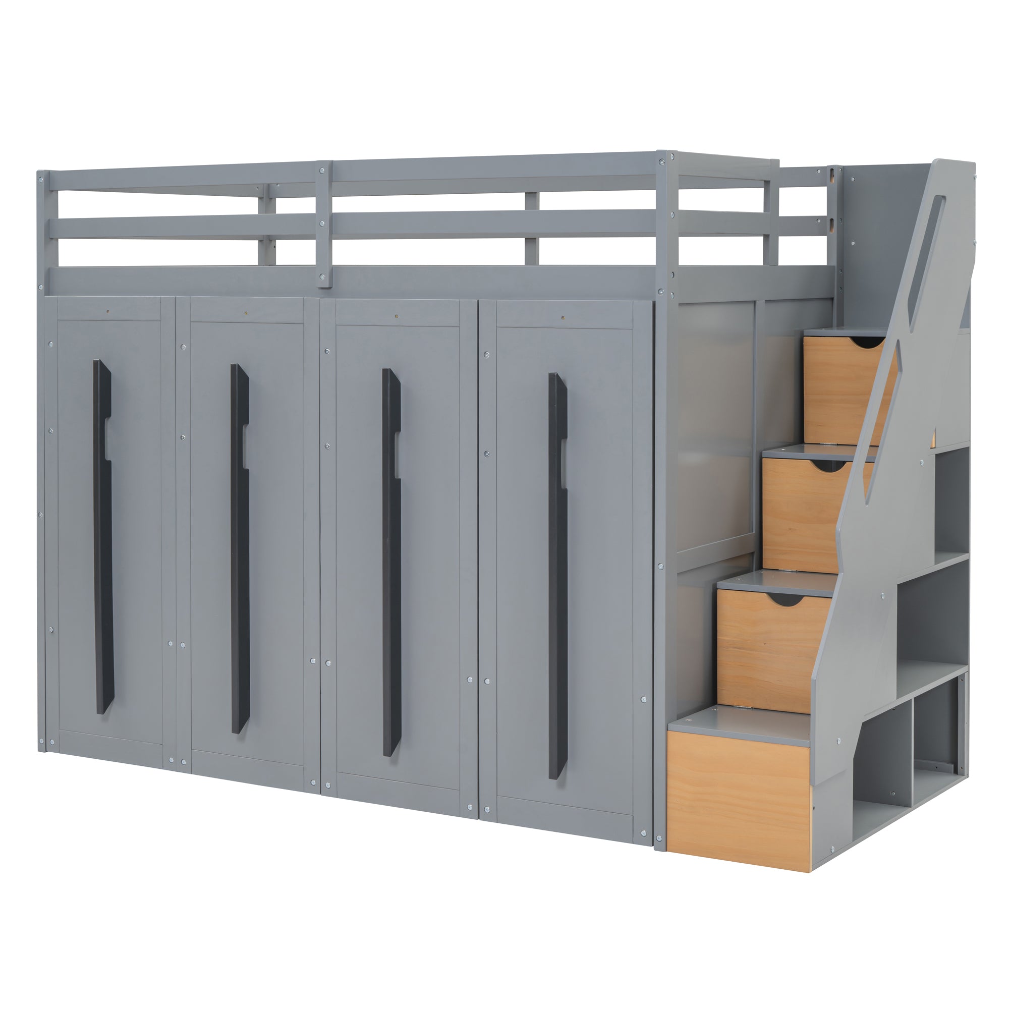 Modern Loft Bed with Two-Tone Storage Stairs and Pull-Out Wardrobes, Gray