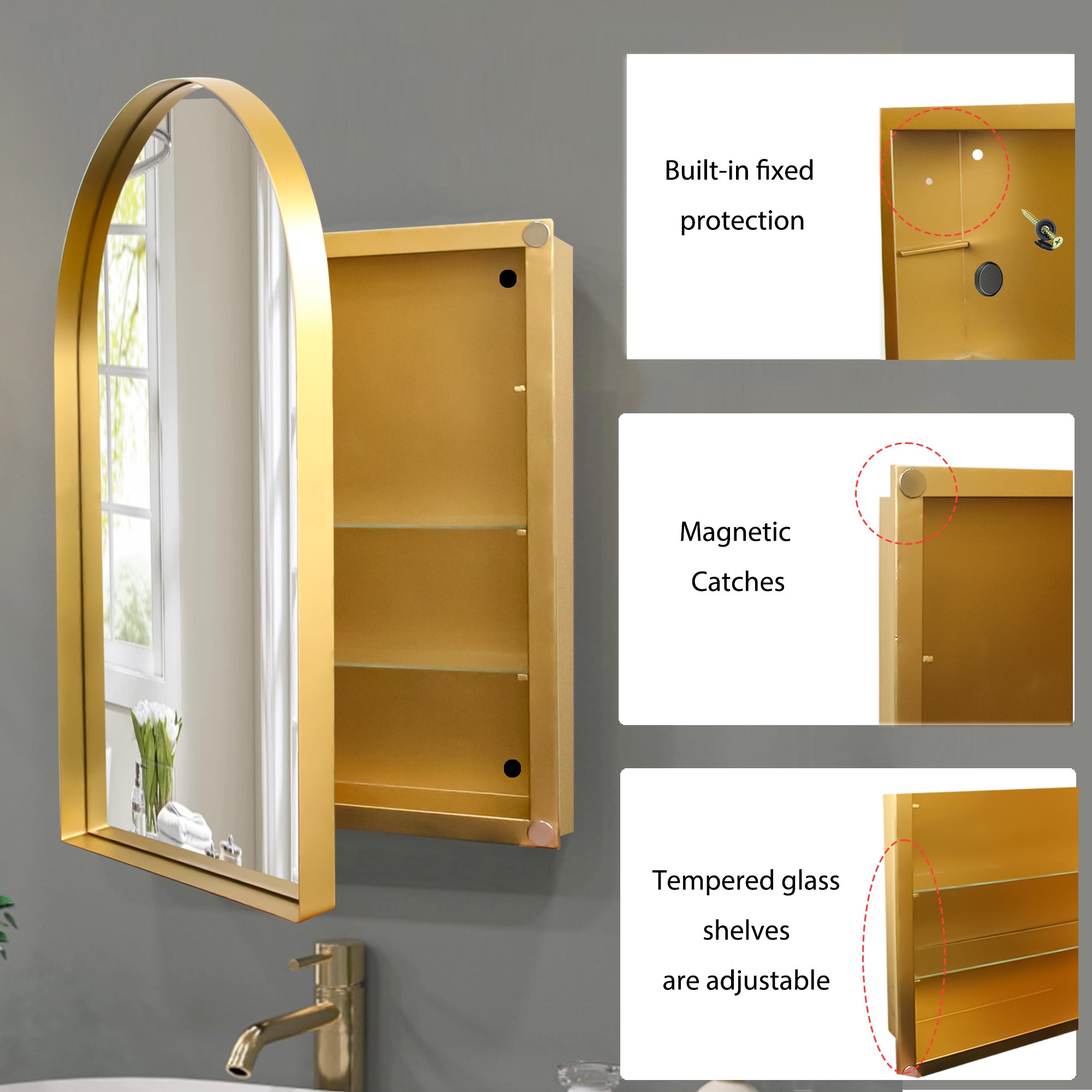 24x36 Inch Arched Recessed Medicine Cabinet, Metal Framed Bathroom Wall Cabinet with Mirror and Adjustable Shelves, Wall Mirror with Storage for Bathroom, Matte Gold