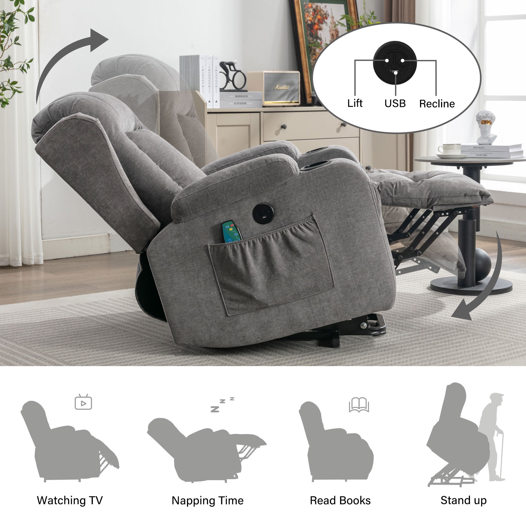 Power Lift Recliner Chair Recliners for Elderly with Heat and Massage Recliner Chair for Living Room with Infinite Position and Side Pocket,USB Charge Port(GREY)