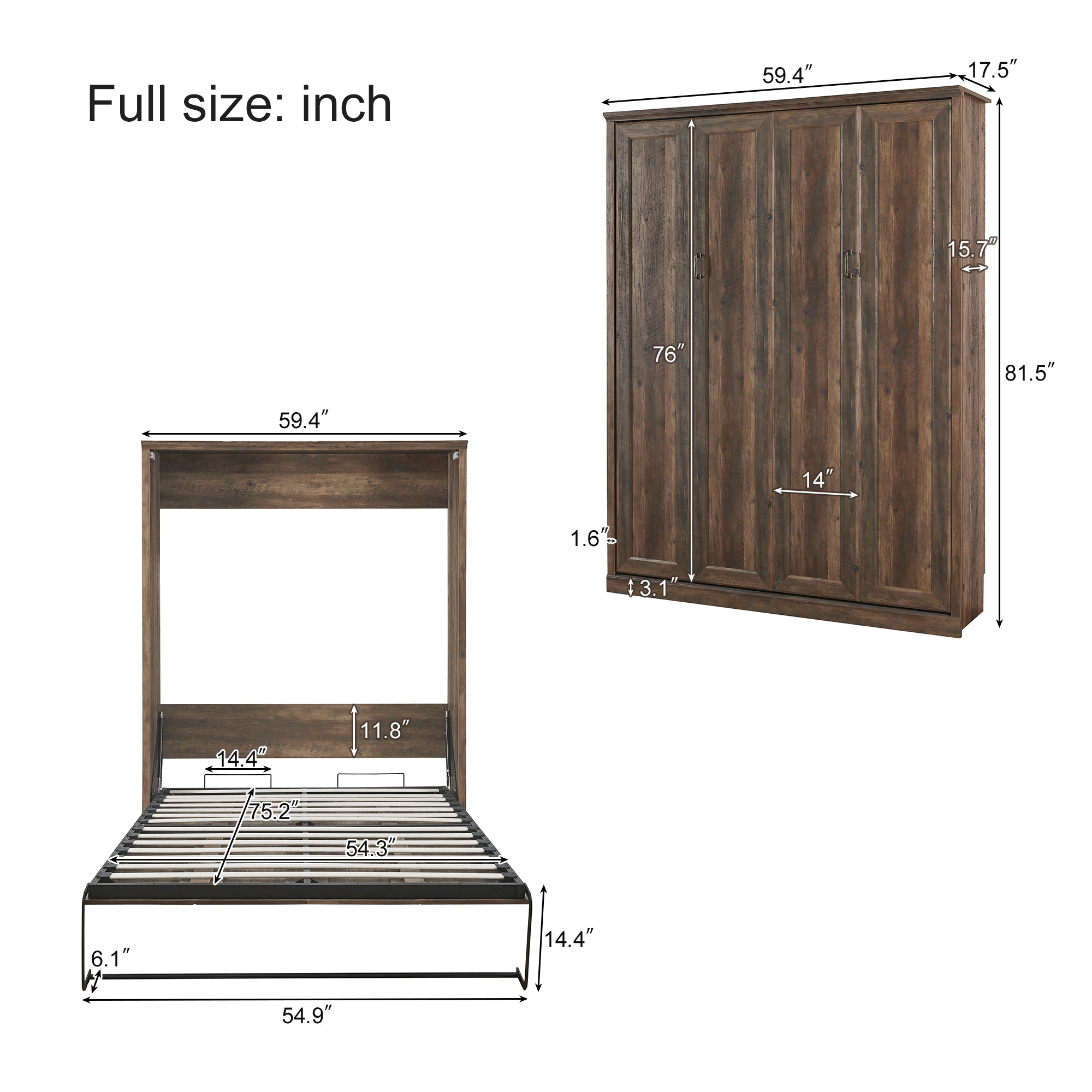 Full Size Half Self-Close and Open Murphy Bed Cabinet Space-Saving Bed  Perfect for Guest Room, for Bed Room, Guest Room, Home Office, Brown