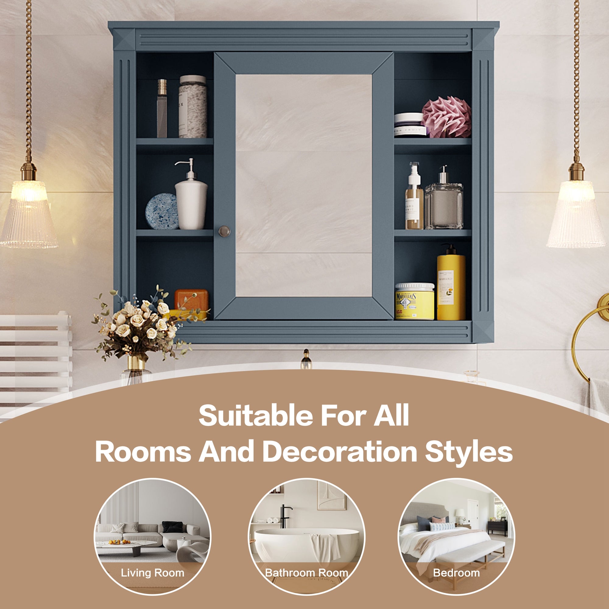 Wall-mounted bathroom storage cabinet with mirror, shelf detail