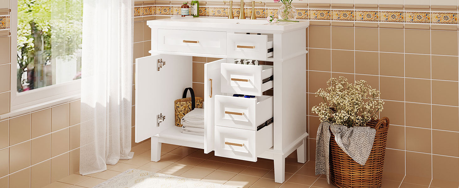 36-inch Bathroom Vanity with Resin Sink, Modern Bathroom Cabinet in White,Featuring Two Soft Close Doors and Four Drawers