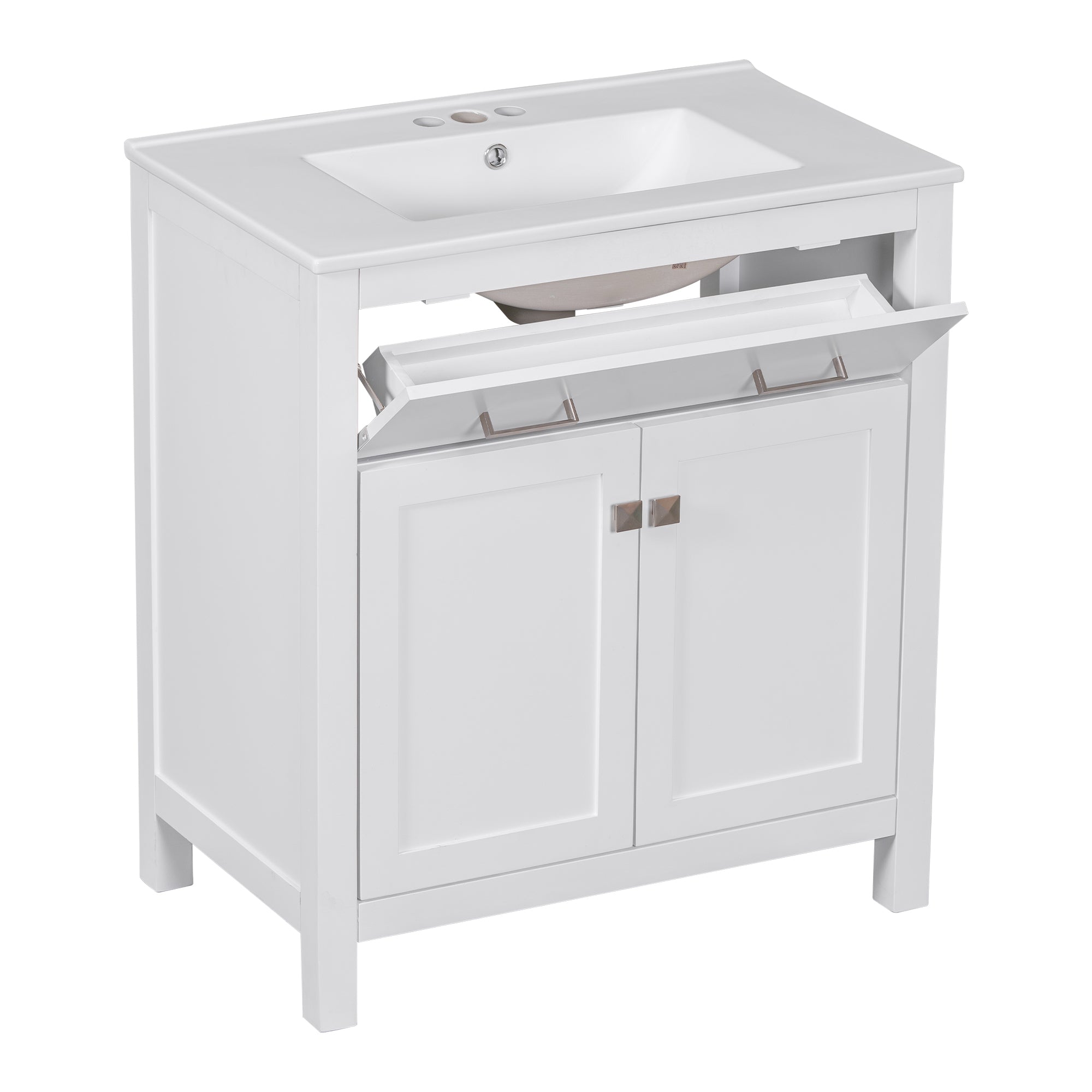 30-inch Bathroom Vanity with Ceramic Sink, Modern White Single Bathroom Cabinet with 2 Doors and a Shelf, Soft Close Doors