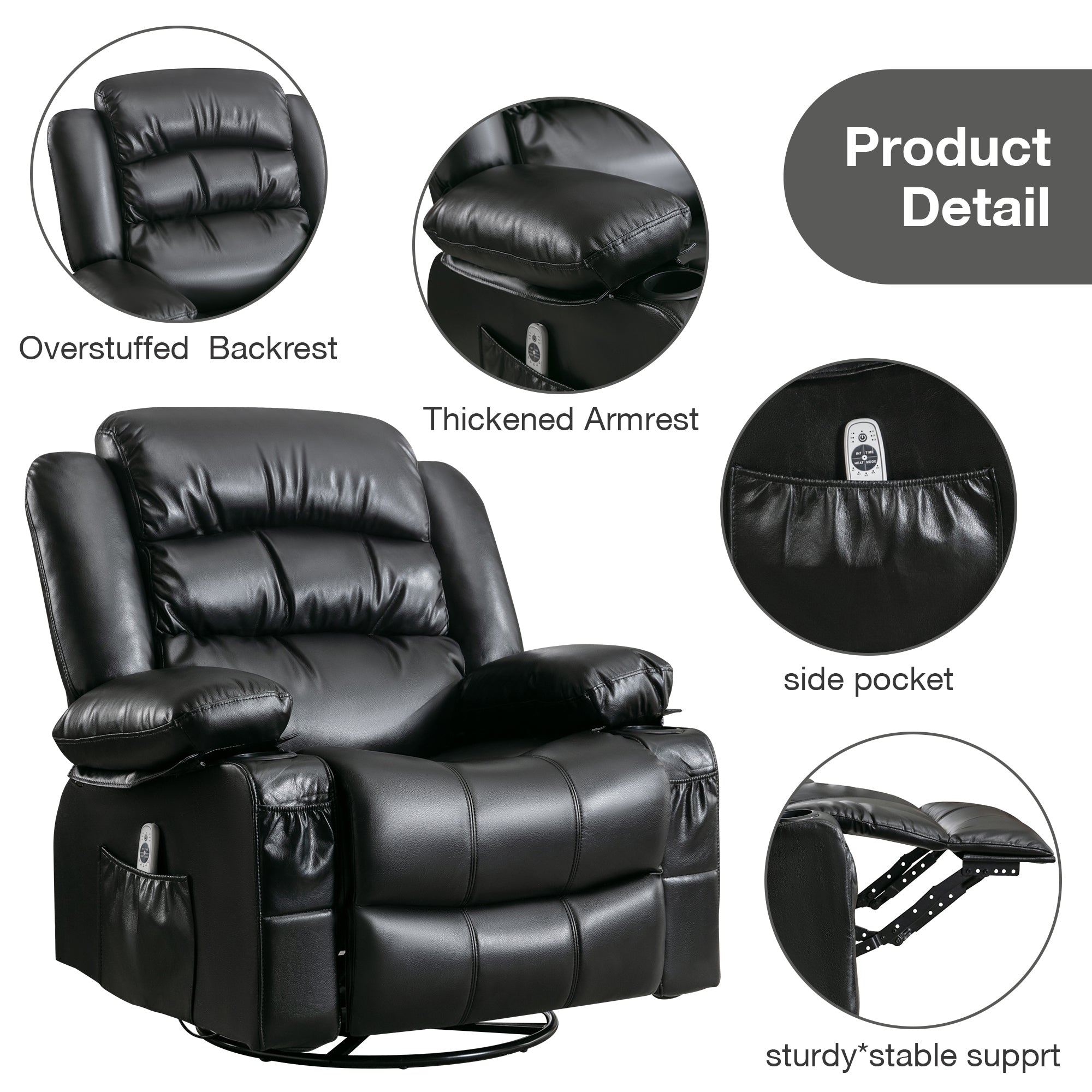 Massage Swivel Rocker Recliner Chair with Vibration Massage and Heat Ergonomic Lounge Chair for Living Room with Rocking Function and Side Pocket   2 Cup Holders USB Charge Port ,black.