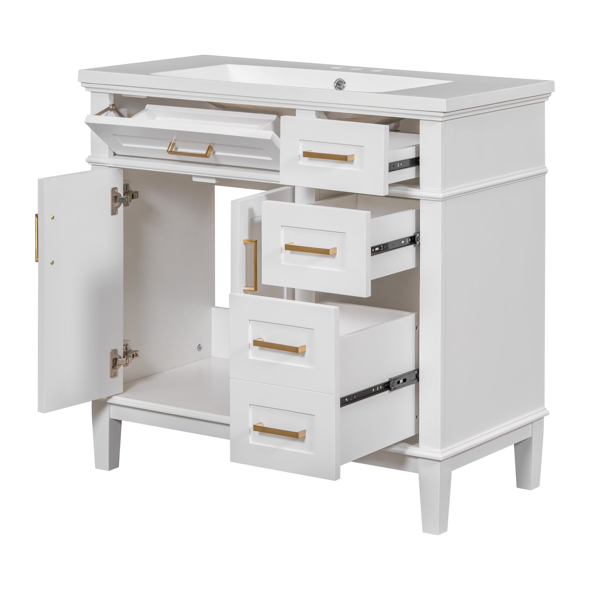 36-inch Bathroom Vanity with Resin Sink, Modern Bathroom Cabinet in White,Featuring Two Soft Close Doors and Four Drawers