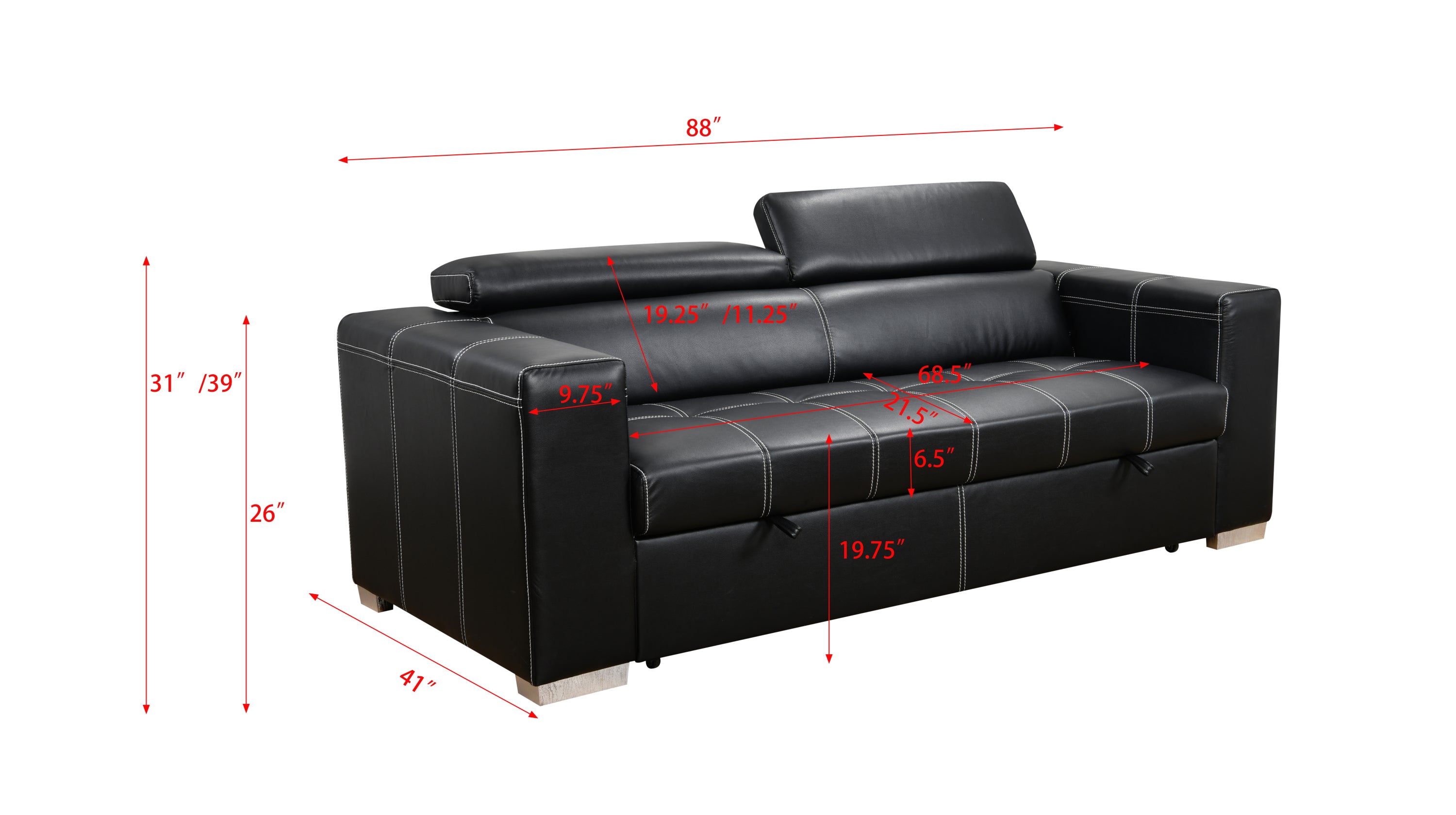 88 Inch Convertible Sofa Couch with Pull Out Bed, Modern Lounge Sleeper Sofa Set with Adjustable Headrest, Sofa Bed Furniture for for Living Room, Apartment,Basement, Black