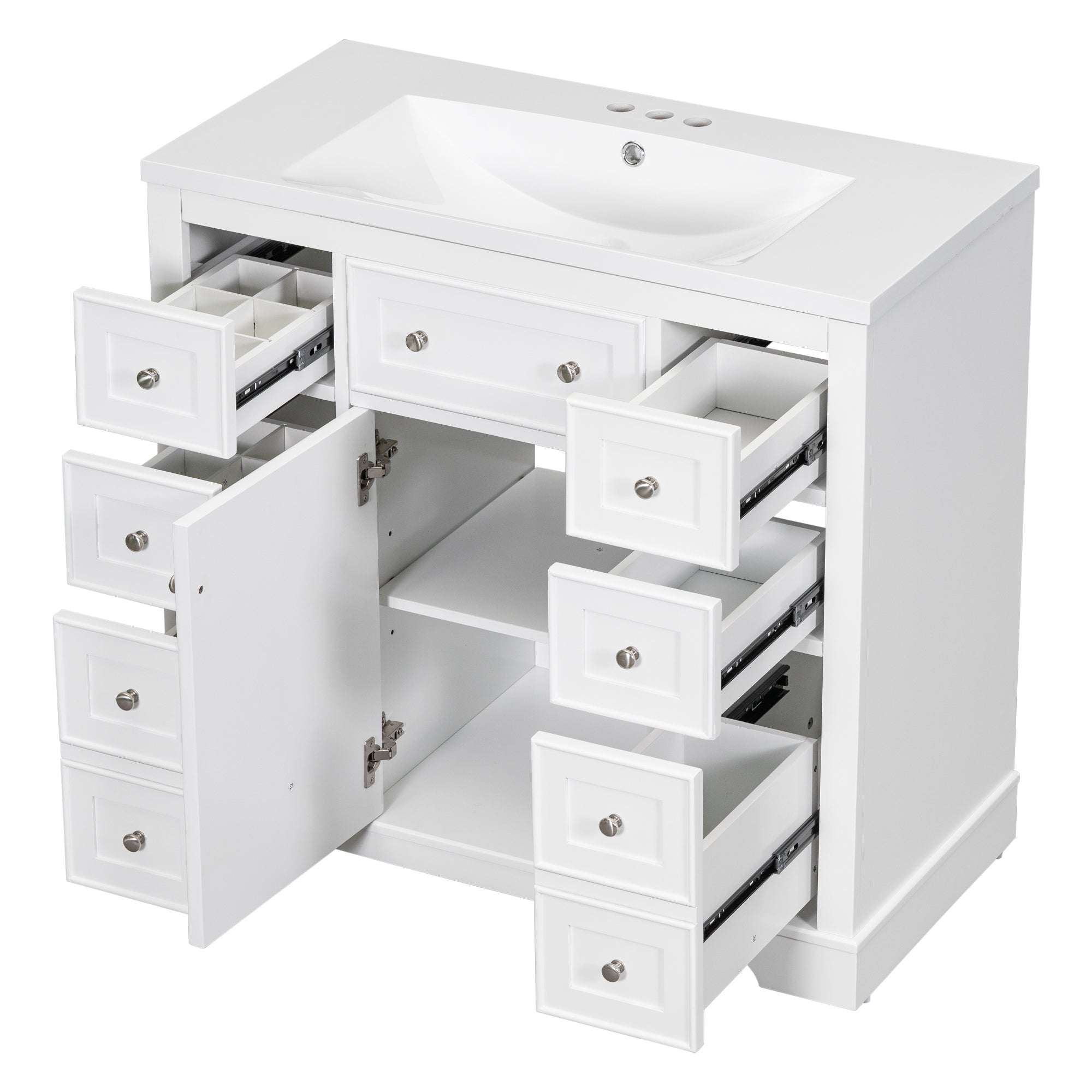 36" Bathroom Vanity with Sink Combo, One Cabinet and Six Drawers, Solid Wood and MDF Board, White