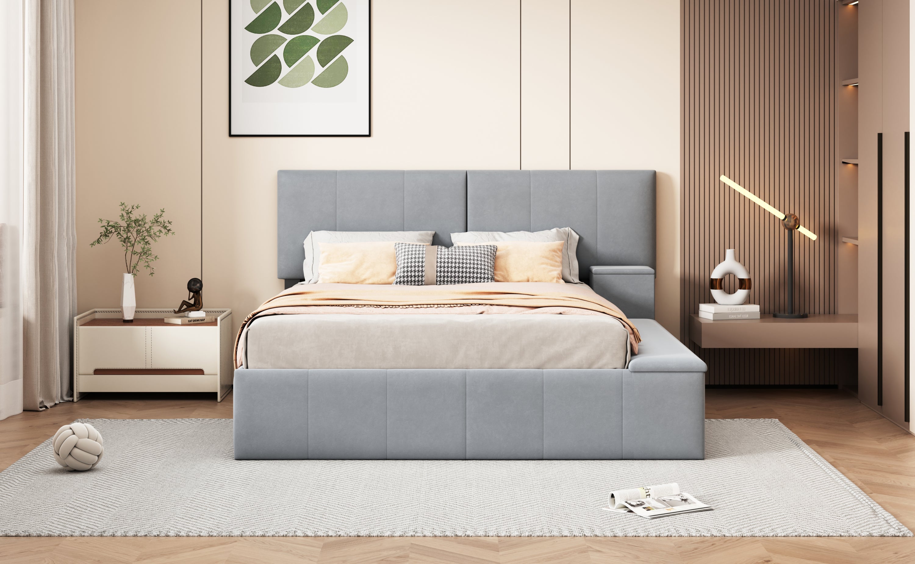 Queen Size Upholstered Platform Bed with Lateral Storage Compartments and Thick Fabric, Velvet, Gray