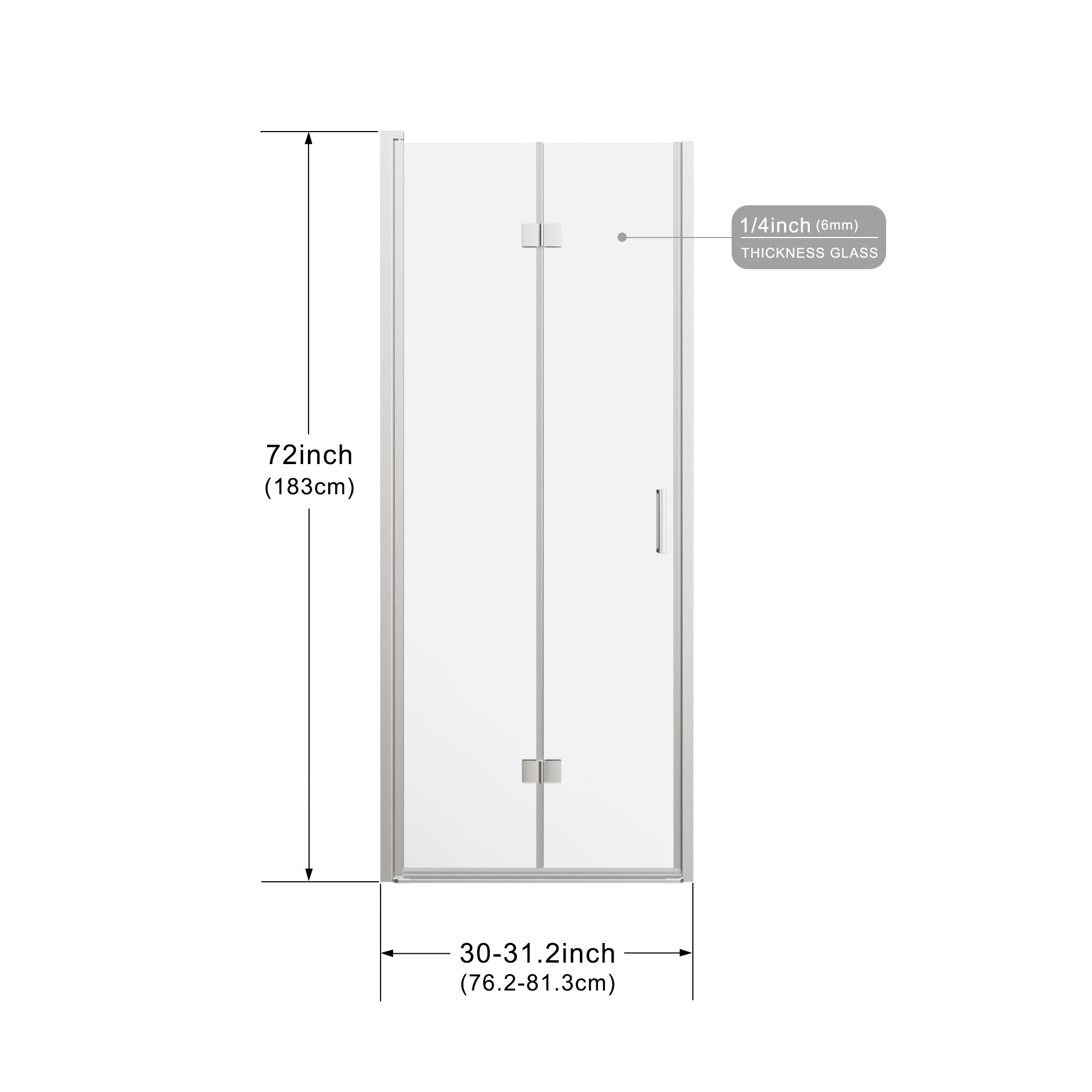 Frameless bi-fold shower door 30 x 72 chrome installed view