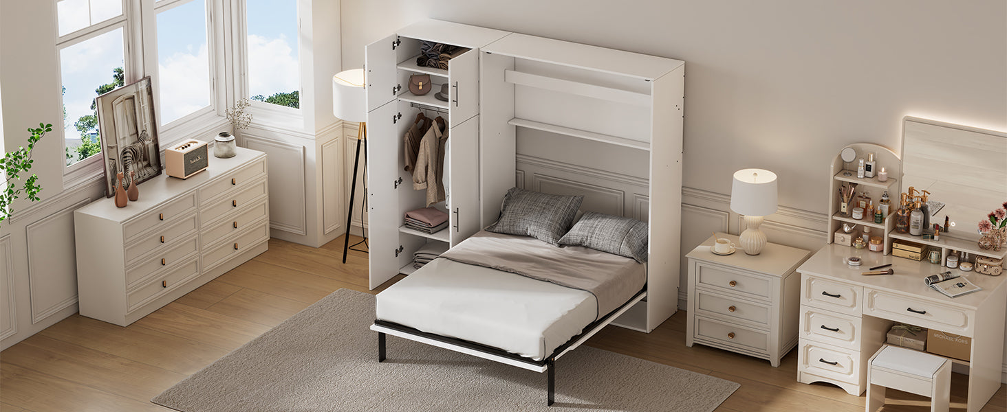 Full Size Murphy Bed with Lockers and Wardrobes, White