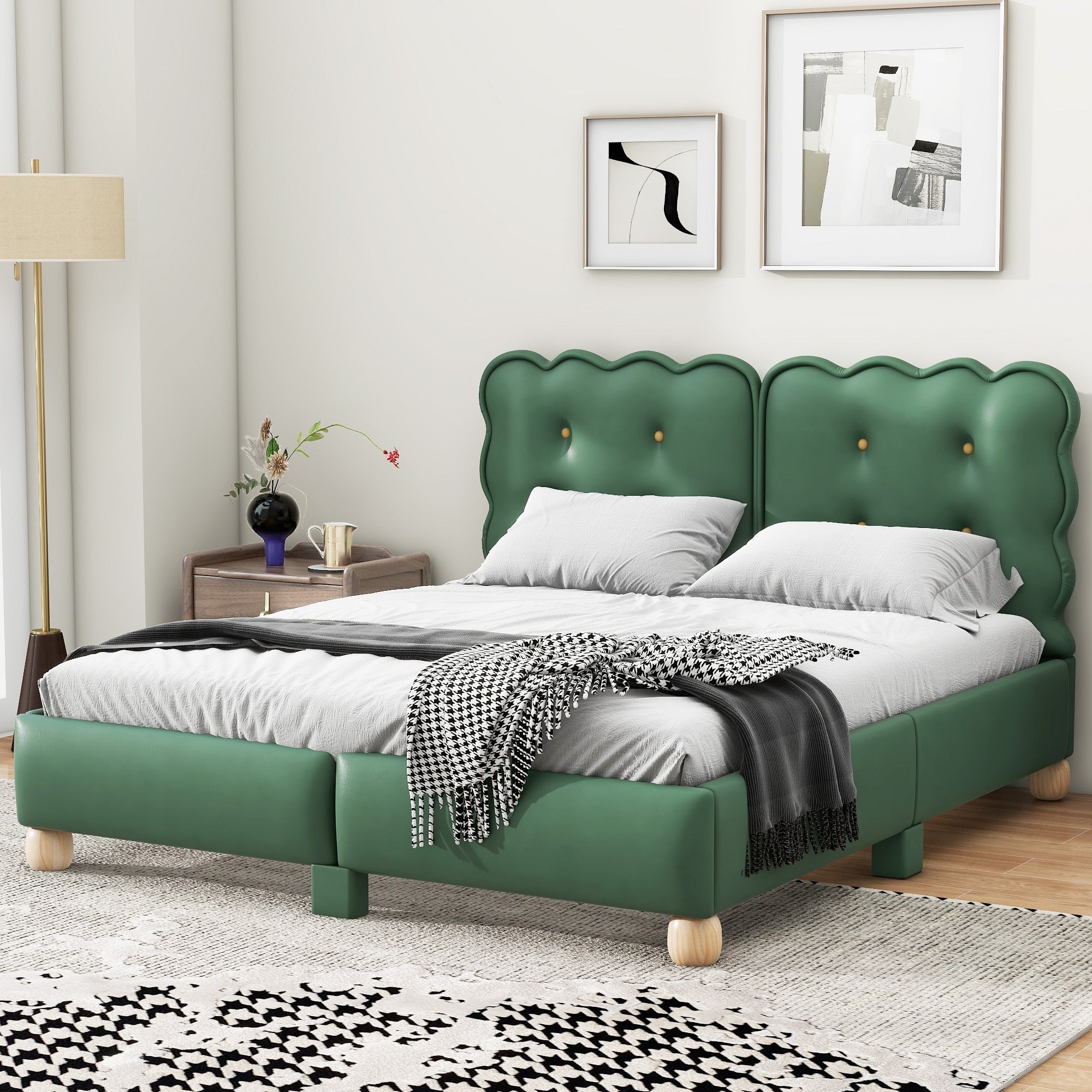 Queen Size Upholstered Platform Bed with Support Legs,Green