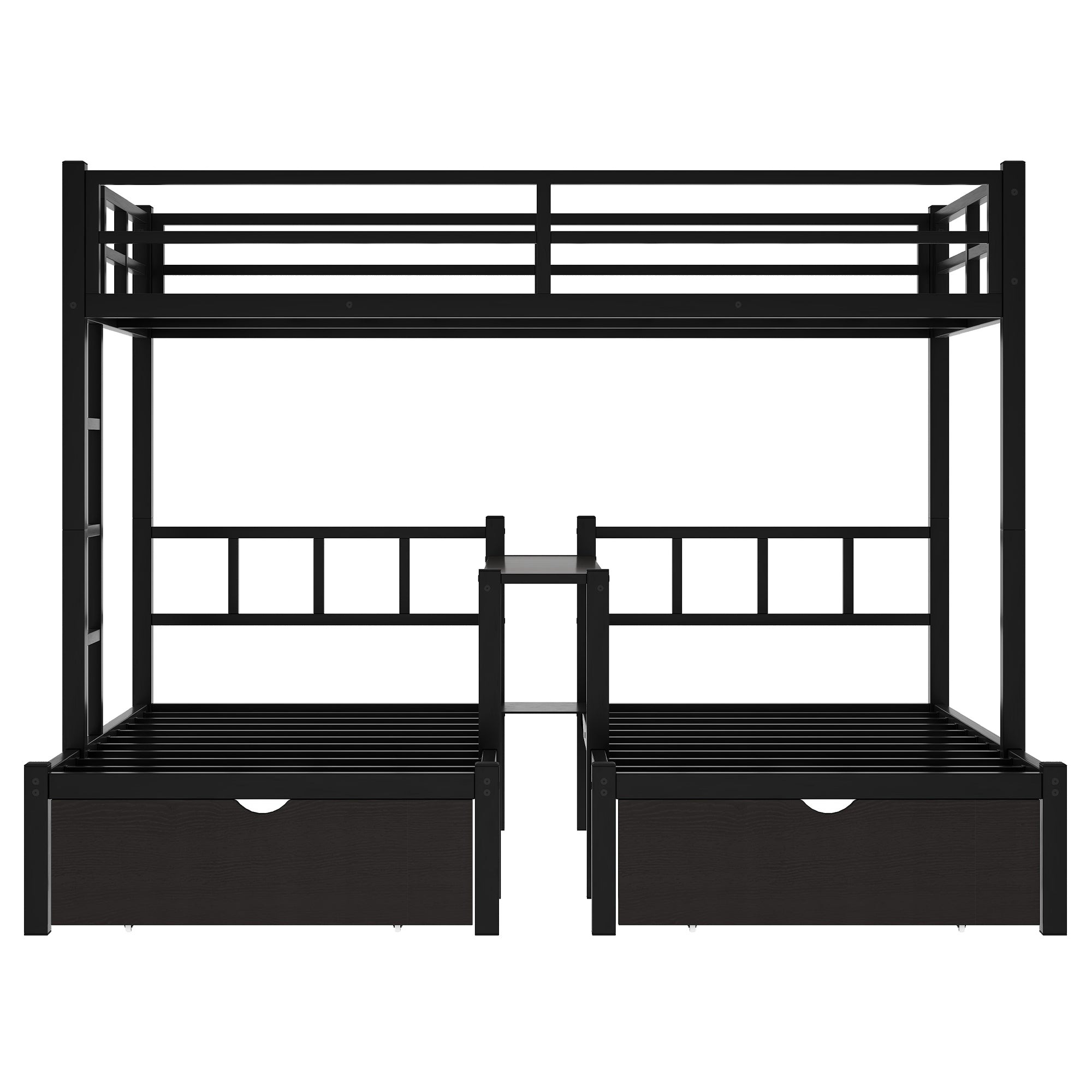 FULL XL Over Twin & Twin Triple Bunk Bed with Drawers, Multi-functional Metal Frame Bed with desks and shelves in the middle, Black